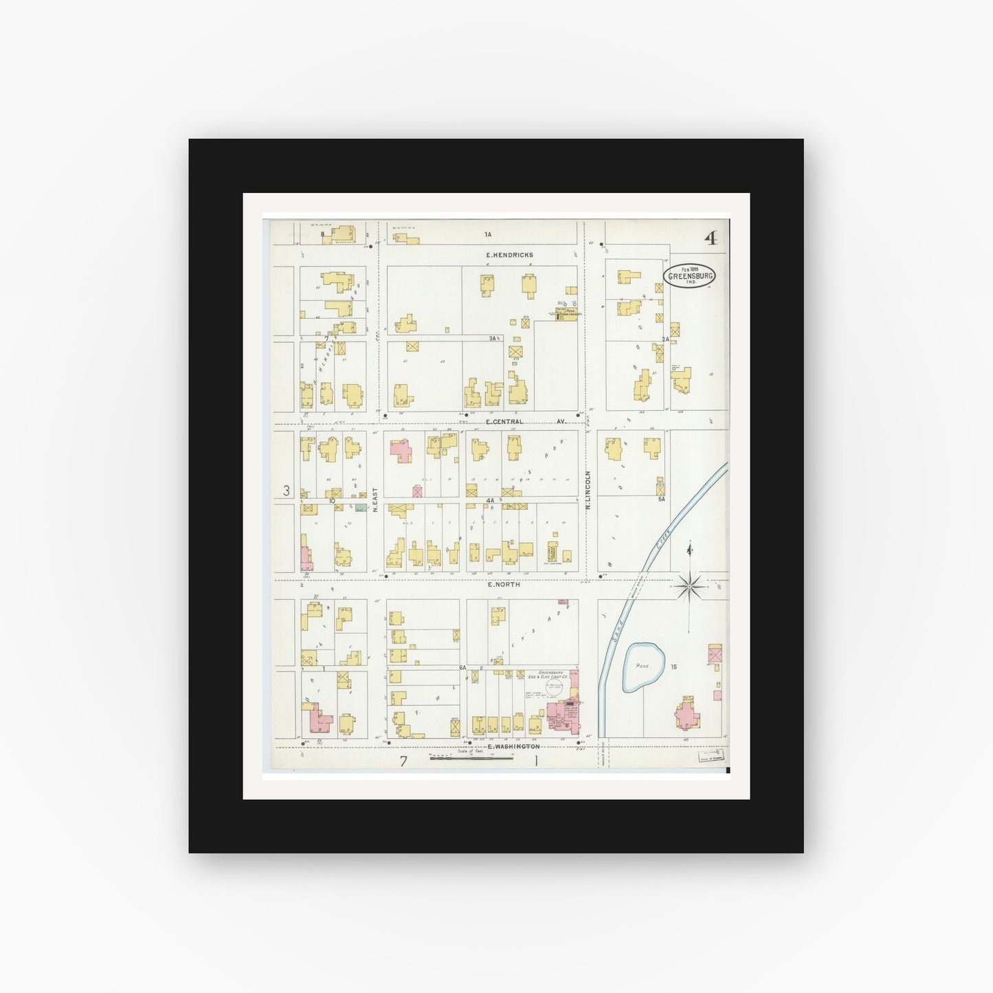Old map wall art mockup — black gallery frame with white mat — Sanborn Fire Insurance Map from Greensburg, Decatur County, Indiana (1899), Sheet #0004