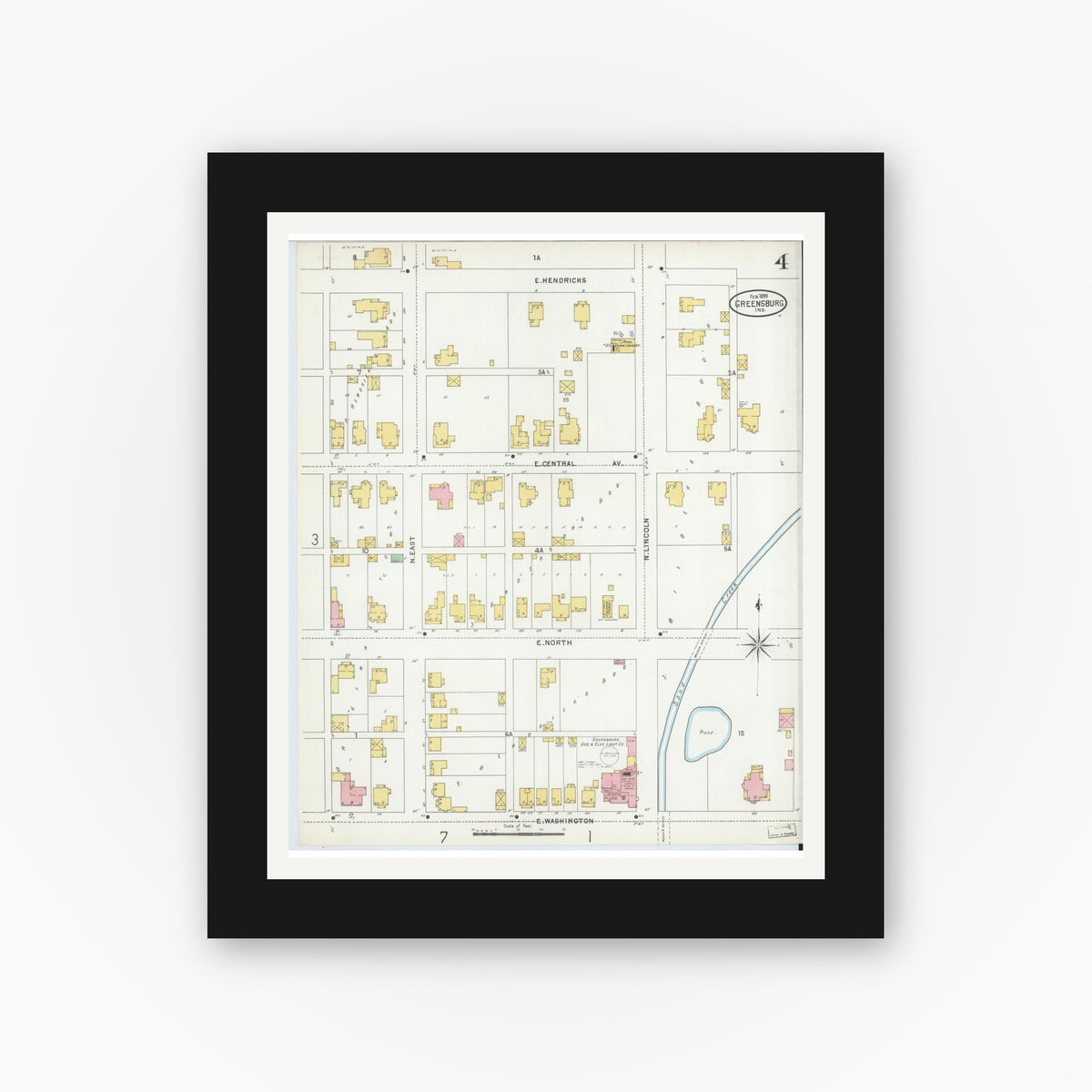 Old map wall art mockup — black gallery frame with white mat — Sanborn Fire Insurance Map from Greensburg, Decatur County, Indiana (1899), Sheet #0004
