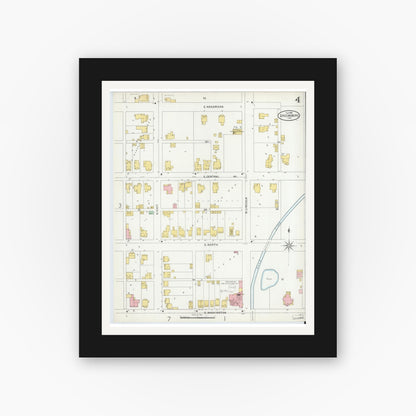 Old map wall art mockup — black gallery frame with white mat — Sanborn Fire Insurance Map from Greensburg, Decatur County, Indiana (1899), Sheet #0004