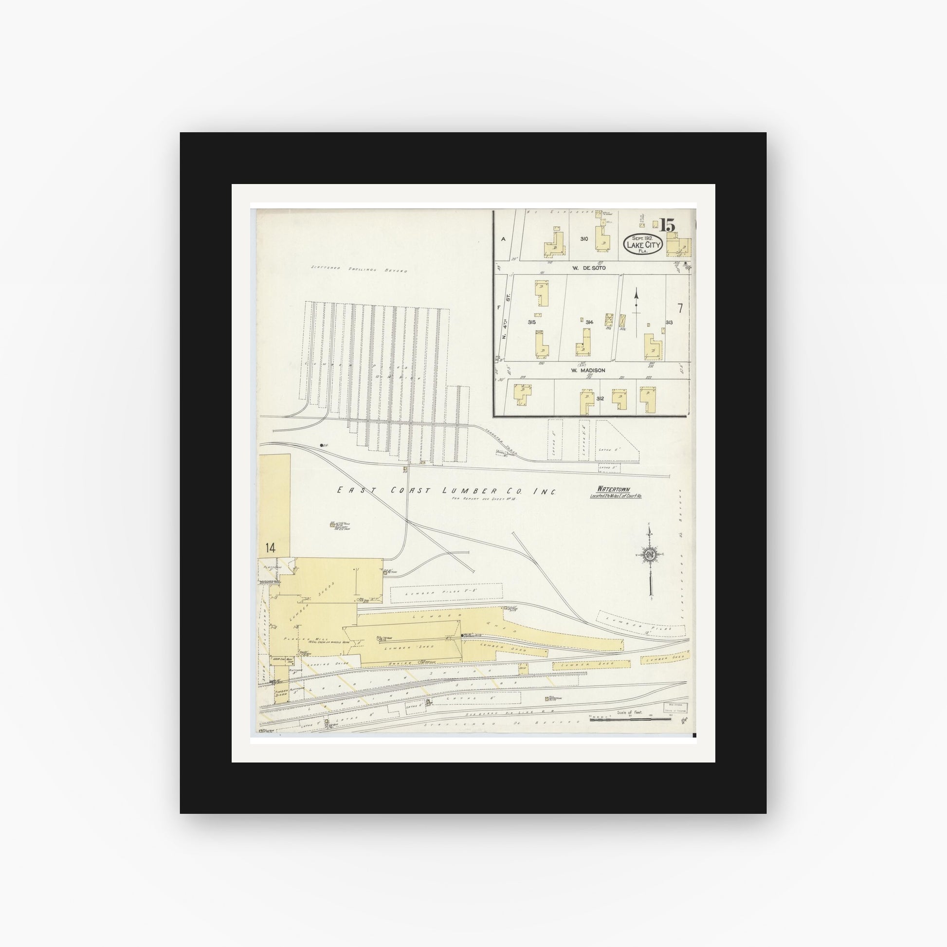 Old map wall art mockup — black gallery frame with white mat — Sanborn Fire Insurance Map from Lake City, Columbia County, Florida (1912), Sheet #0015