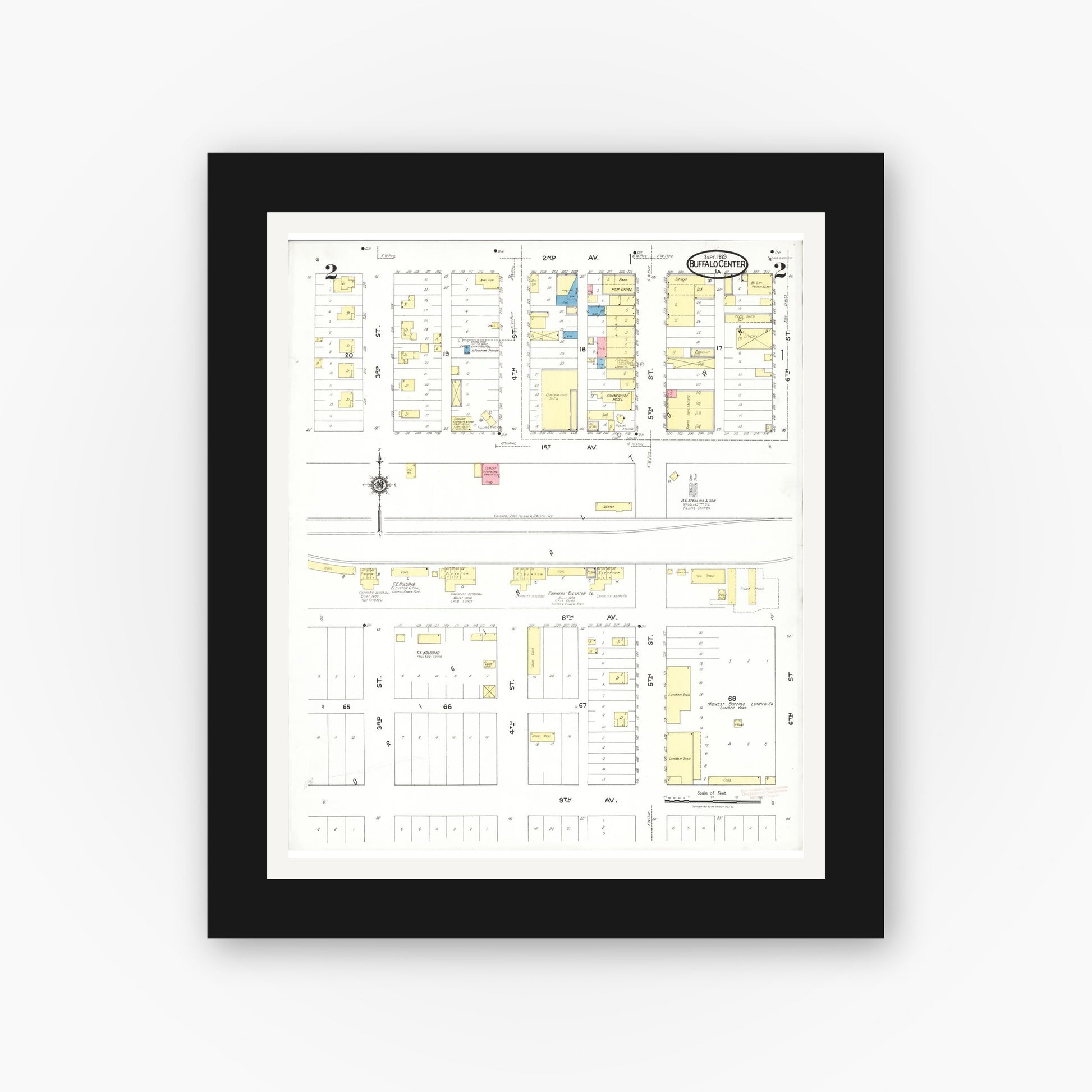 Old map wall art mockup — black gallery frame with white mat — Sanborn Fire Insurance Map from Buffalo Center, Winnebago County, Iowa (1923), Sheet #0002