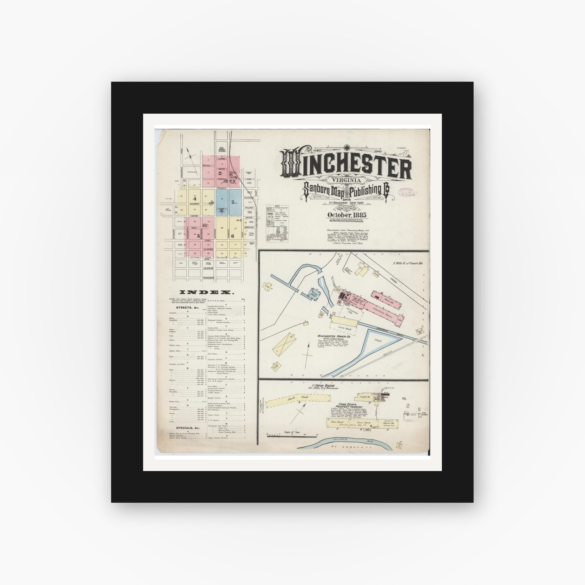 Old map wall art mockup — black gallery frame with white mat — Sanborn Fire Insurance Map from Winchester, Independent Cities, Virginia (1885) - Complete Map Set