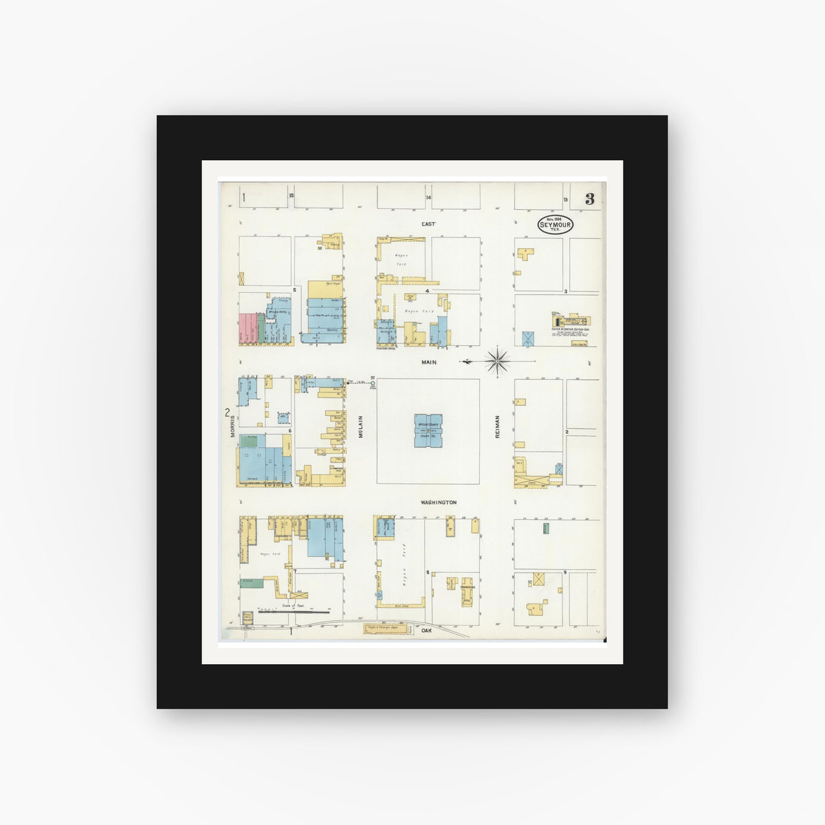 Old map wall art mockup — black gallery frame with white mat — Sanborn Fire Insurance Map from Seymour, Baylor County, Texas (1904), Sheet #0003