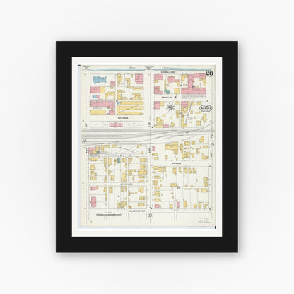 Old map wall art mockup — black gallery frame with white mat — Sanborn Fire Insurance Map from Newark, Licking County, Ohio (1905), Sheet #0028