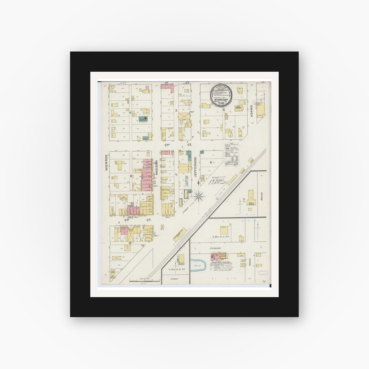 Old map wall art mockup — black gallery frame with white mat — Sanborn Fire Insurance Map from Kinmundy, Marion County, Illinois (1893), Sheet #0001