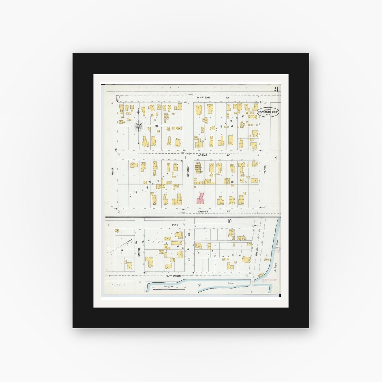 Old map wall art mockup — black gallery frame with white mat — Sanborn Fire Insurance Map from Oscoda, Iosco County, Michigan (1901), Sheet #0003