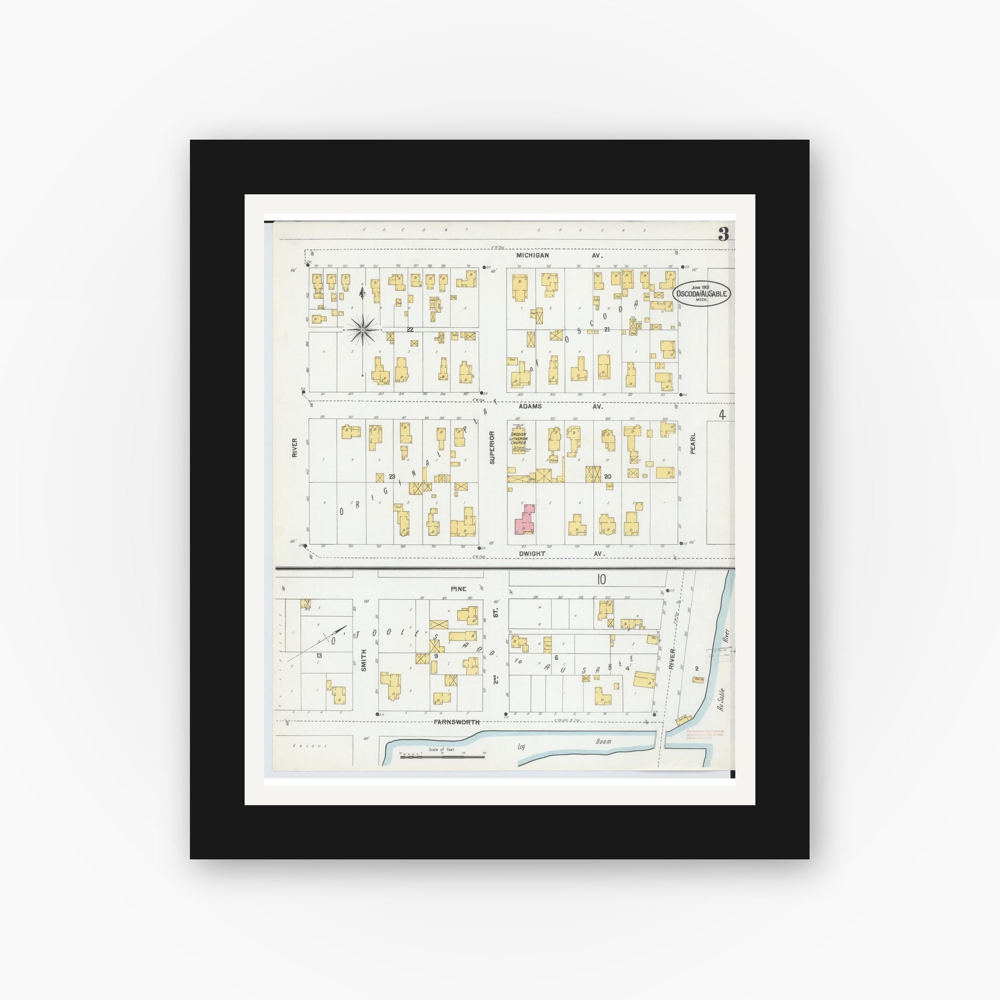 Old map wall art mockup — black gallery frame with white mat — Sanborn Fire Insurance Map from Oscoda, Iosco County, Michigan (1901), Sheet #0003