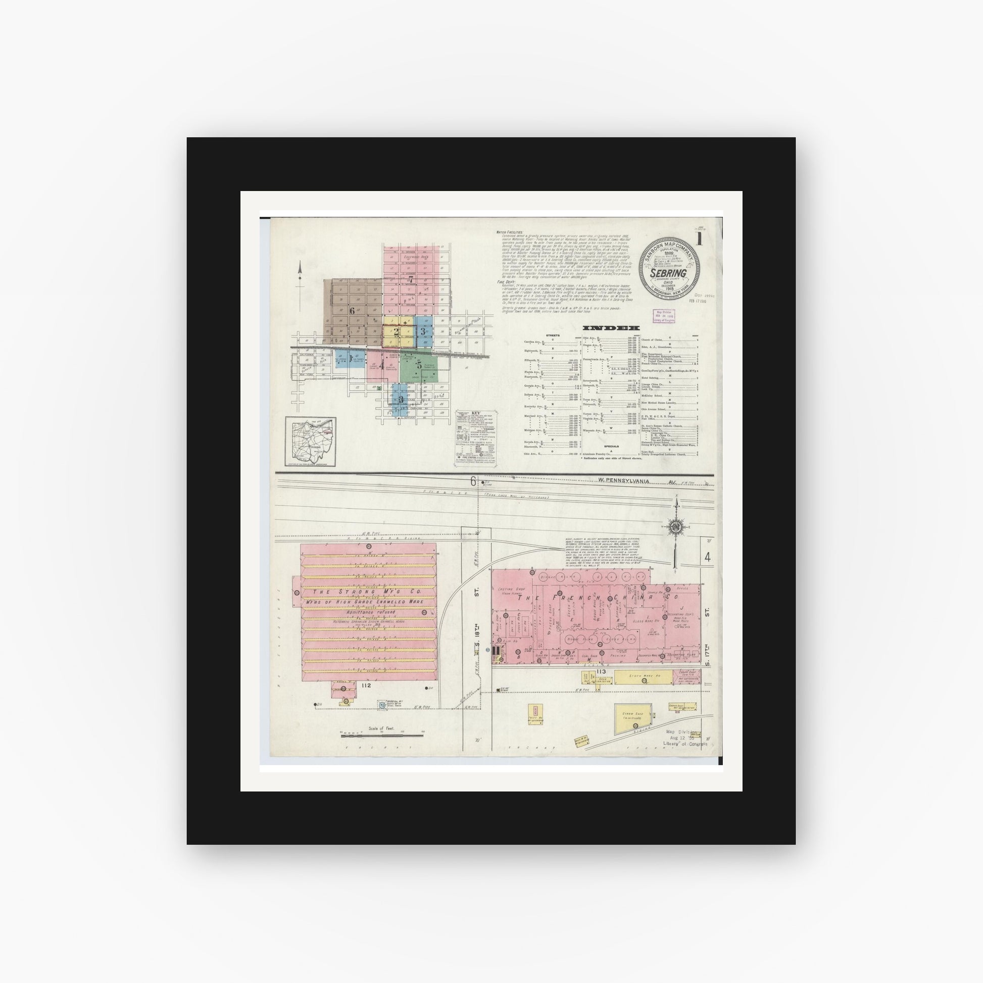 Old map wall art mockup — black gallery frame with white mat — Sanborn Fire Insurance Map from Sebring, Mahoning County, Ohio (1915) - Complete Map Set