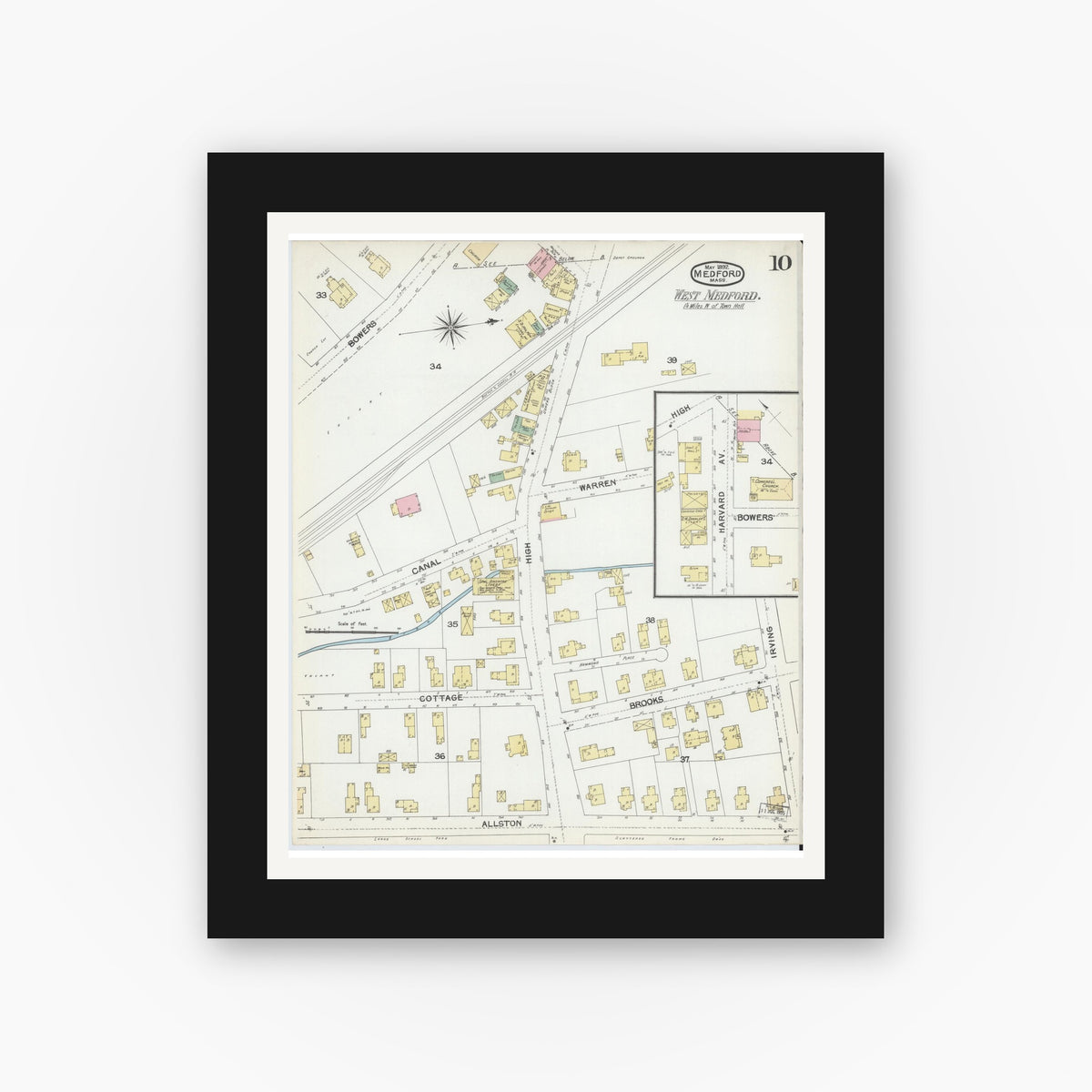 Old map wall art mockup — black gallery frame with white mat — Sanborn Fire Insurance Map from Medford, Middlesex County, Massachusetts (1892), Sheet #0010