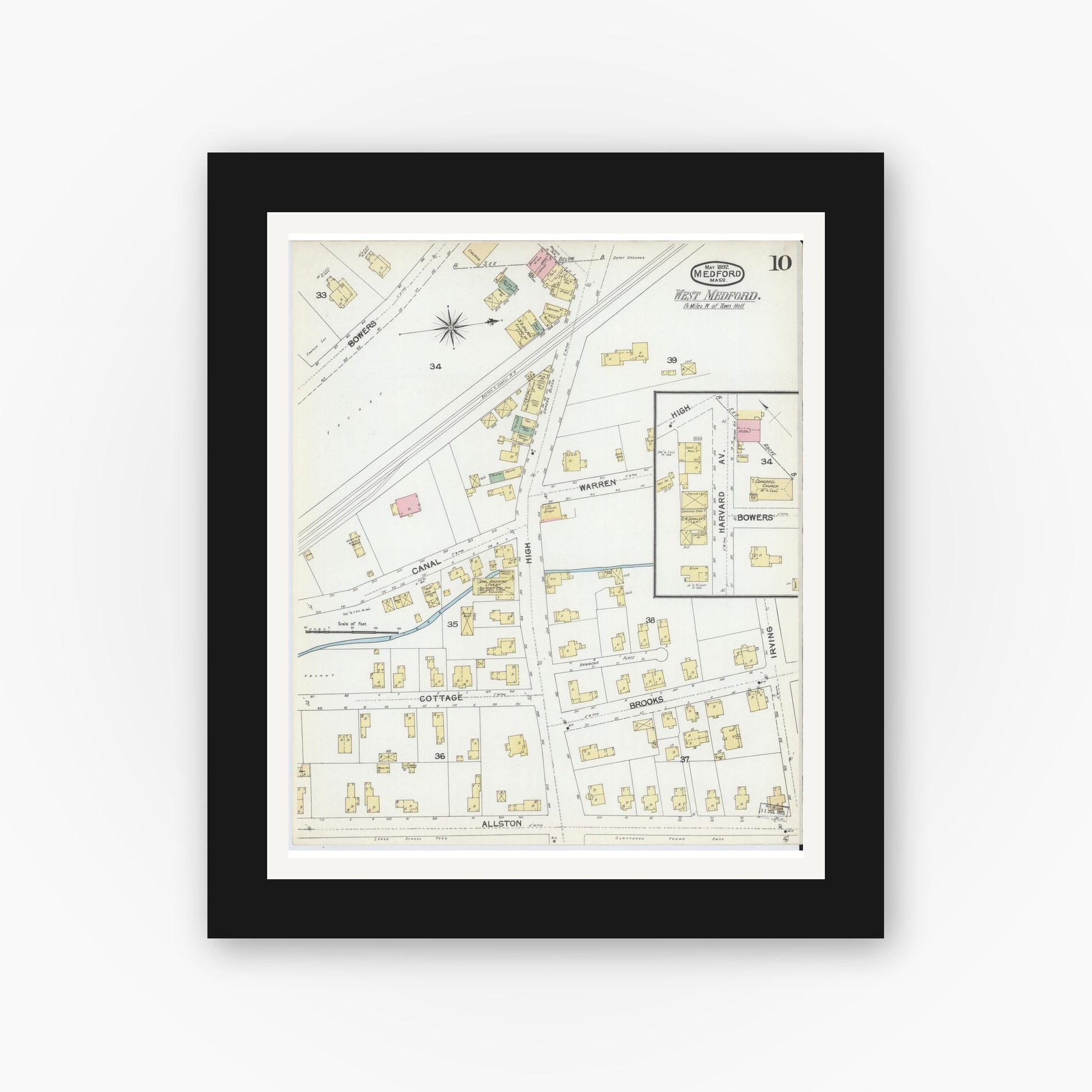 Old map wall art mockup — black gallery frame with white mat — Sanborn Fire Insurance Map from Medford, Middlesex County, Massachusetts (1892), Sheet #0010