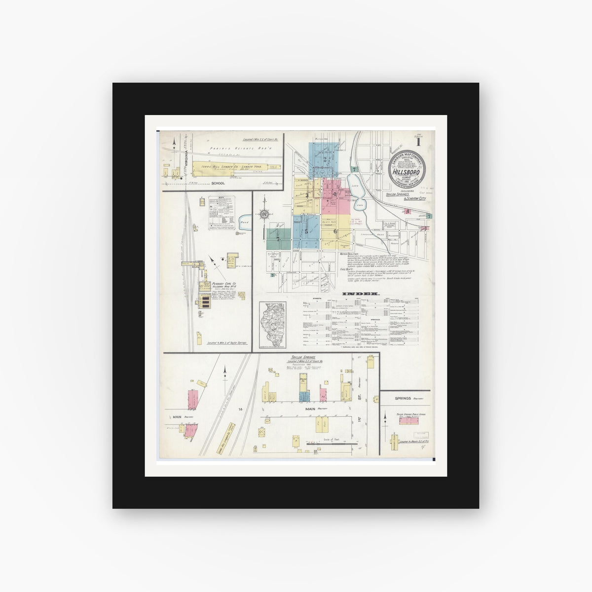 Old map wall art mockup — black gallery frame with white mat — Sanborn Fire Insurance Map from Hillsboro, Montgomery County, Illinois (1912) - Complete Map Set