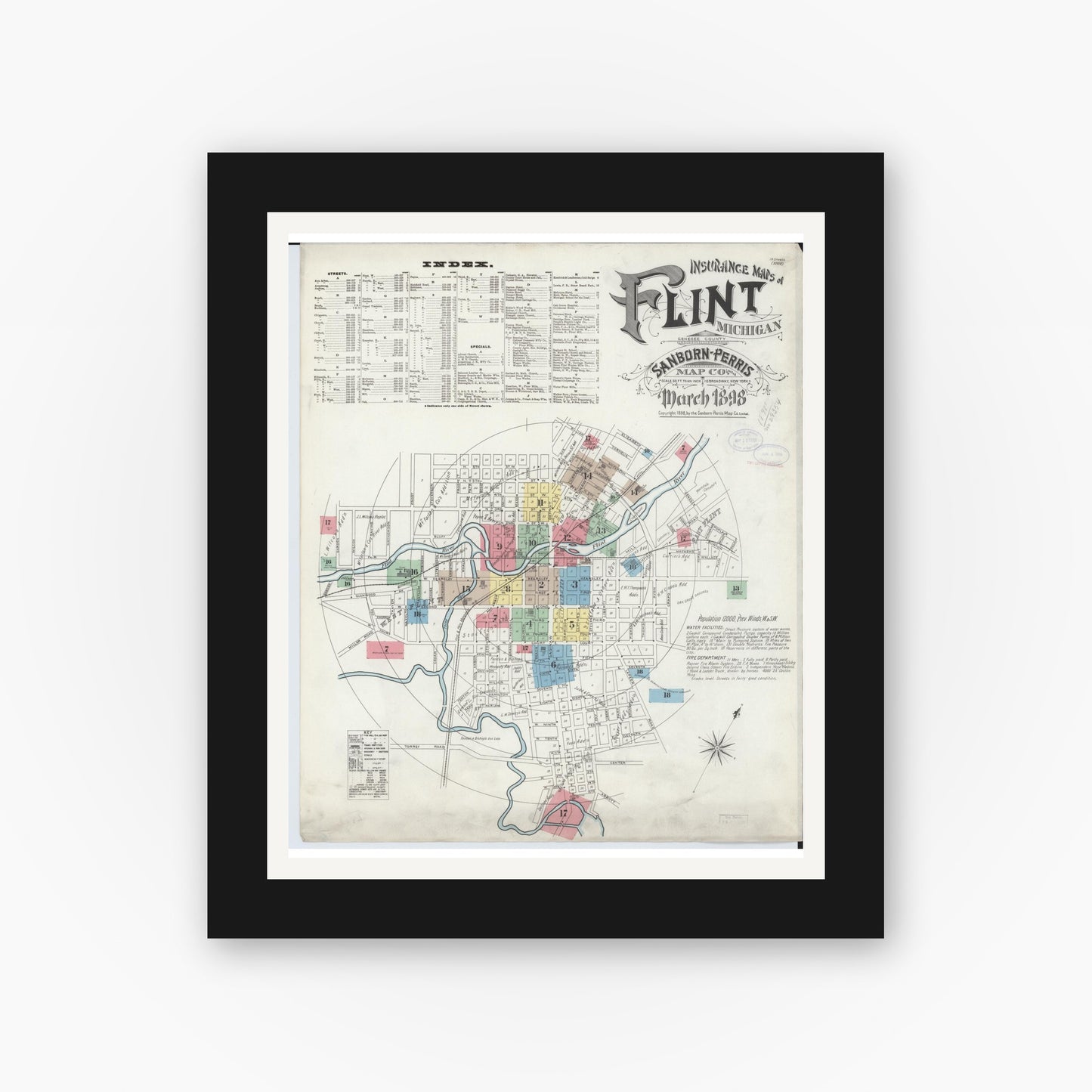 Old map wall art mockup — black gallery frame with white mat — Sanborn Fire Insurance Map from Flint, Genesee County, Michigan (1898) - Complete Map Set