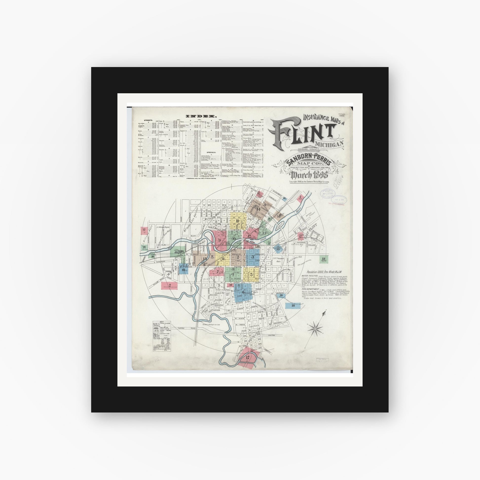 Old map wall art mockup — black gallery frame with white mat — Sanborn Fire Insurance Map from Flint, Genesee County, Michigan (1898) - Complete Map Set