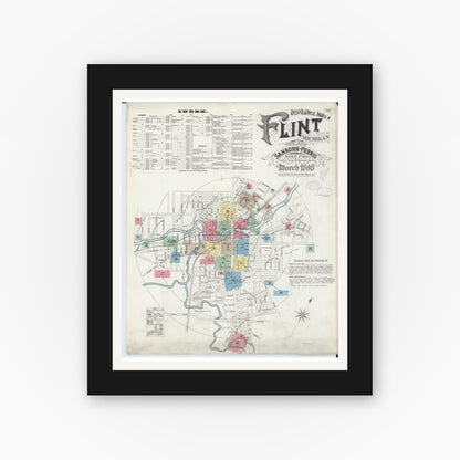 Old map wall art mockup — black gallery frame with white mat — Sanborn Fire Insurance Map from Flint, Genesee County, Michigan (1898) - Complete Map Set