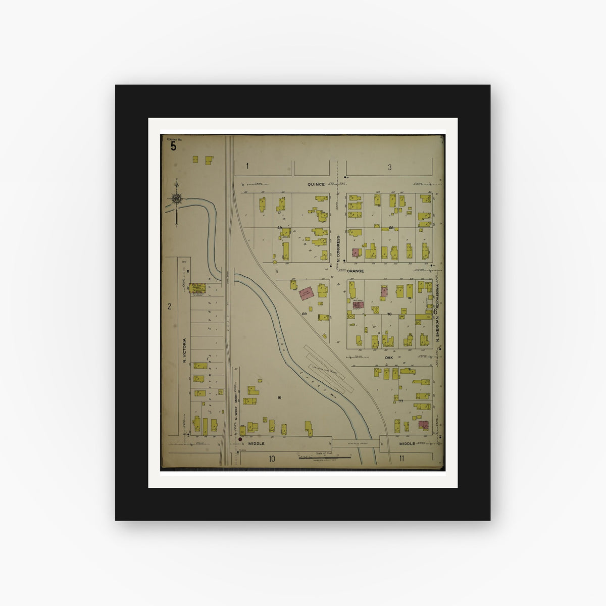 Old map wall art mockup — black gallery frame with white mat — Sanborn Fire Insurance Map from Kenosha, Kenosha County, Wisconsin. (1918), Sheet 9