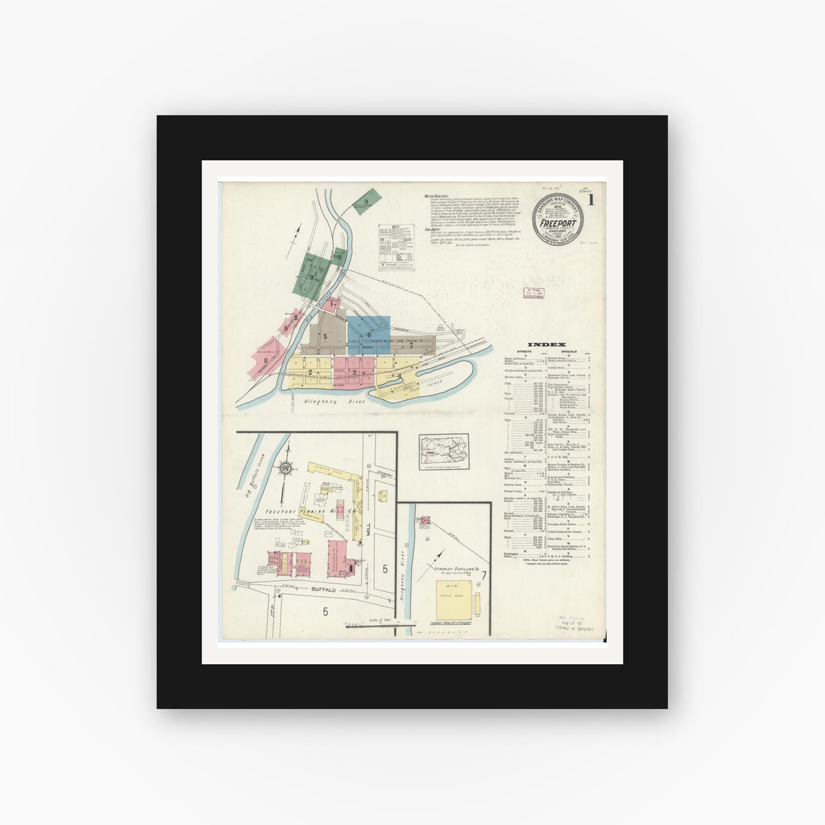 Old map wall art mockup — black gallery frame with white mat — Sanborn Fire Insurance Map from Freeport, Armstrong County, Pennsylvania (1913), Sheet #0001
