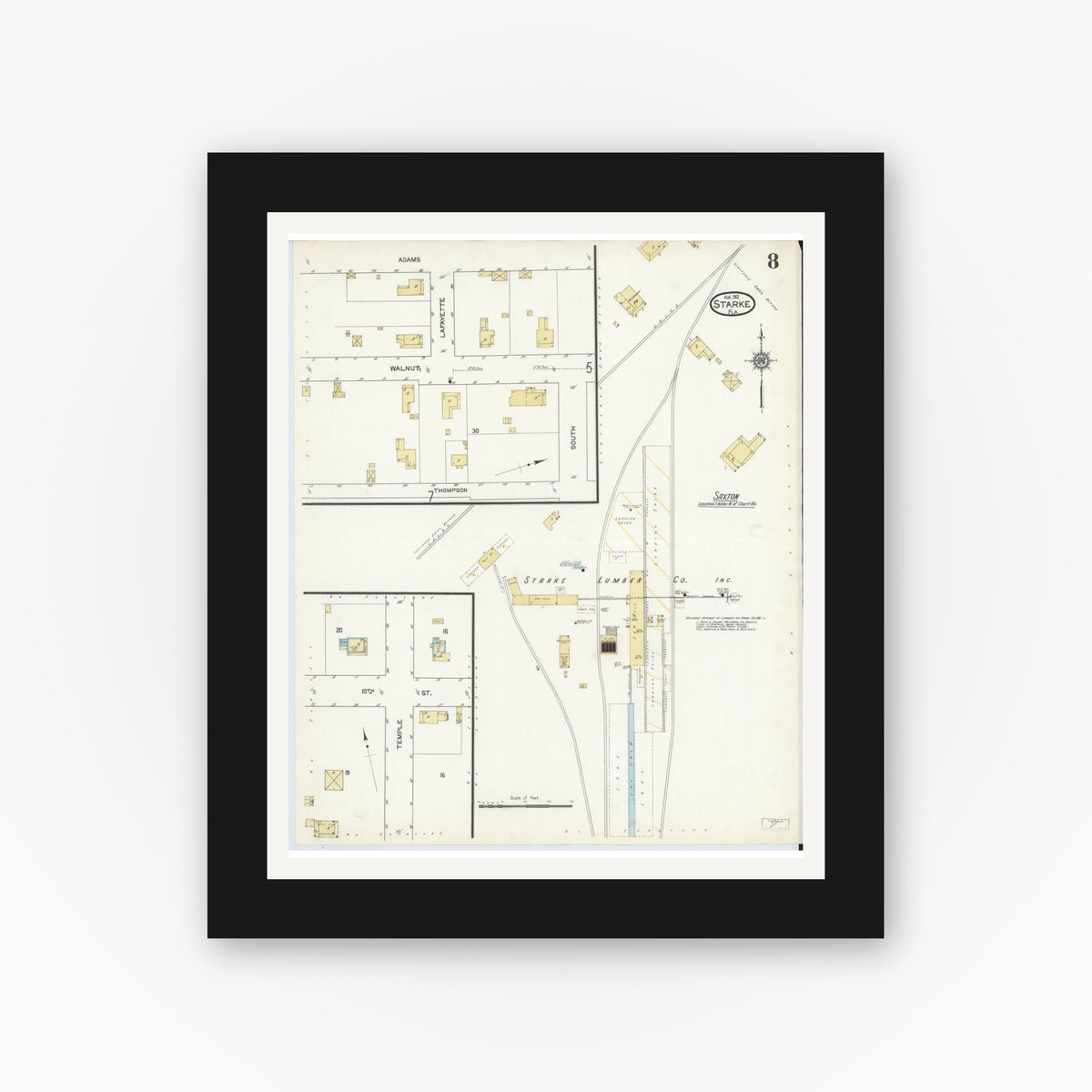 Old map wall art mockup — black gallery frame with white mat — Sanborn Fire Insurance Map from Starke, Bradford County, Florida (1912), Sheet #0008