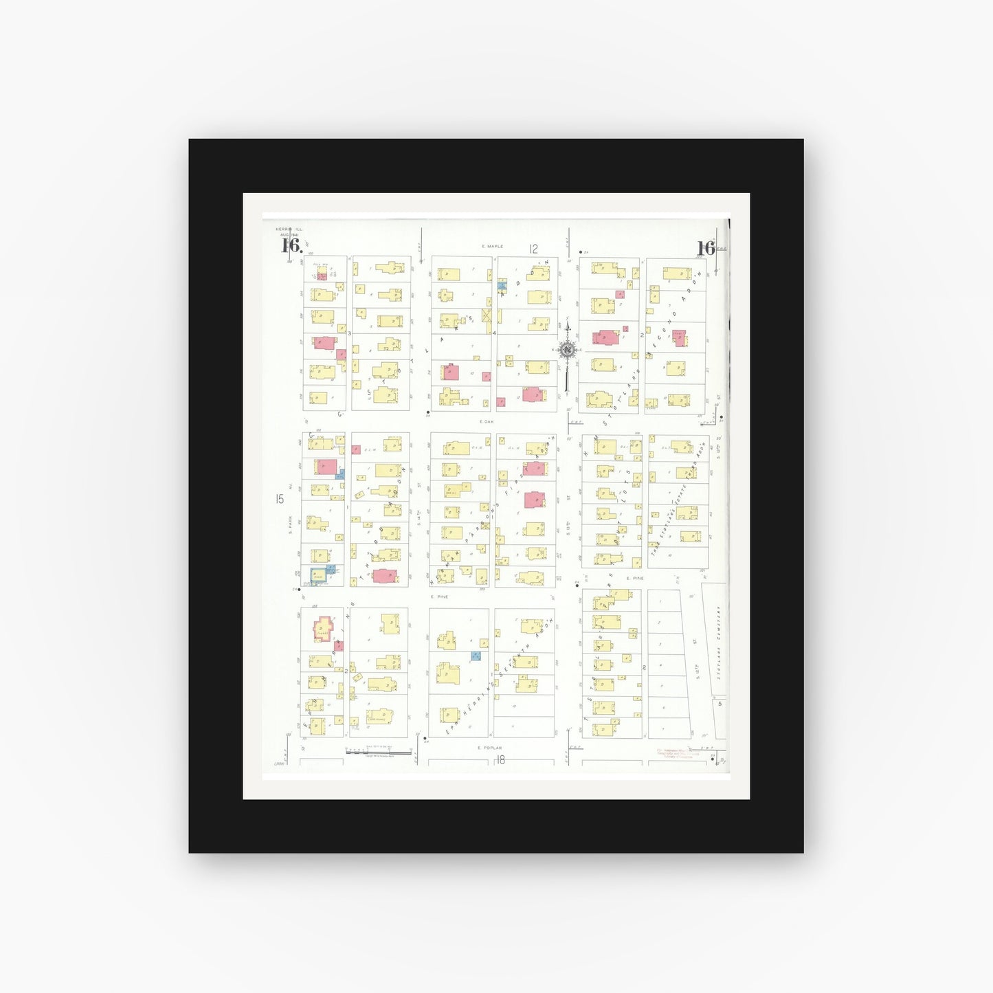 Old map wall art mockup — black gallery frame with white mat — Sanborn Fire Insurance Map from Herrin, Williamson County, Illinois (1941), Sheet #0016