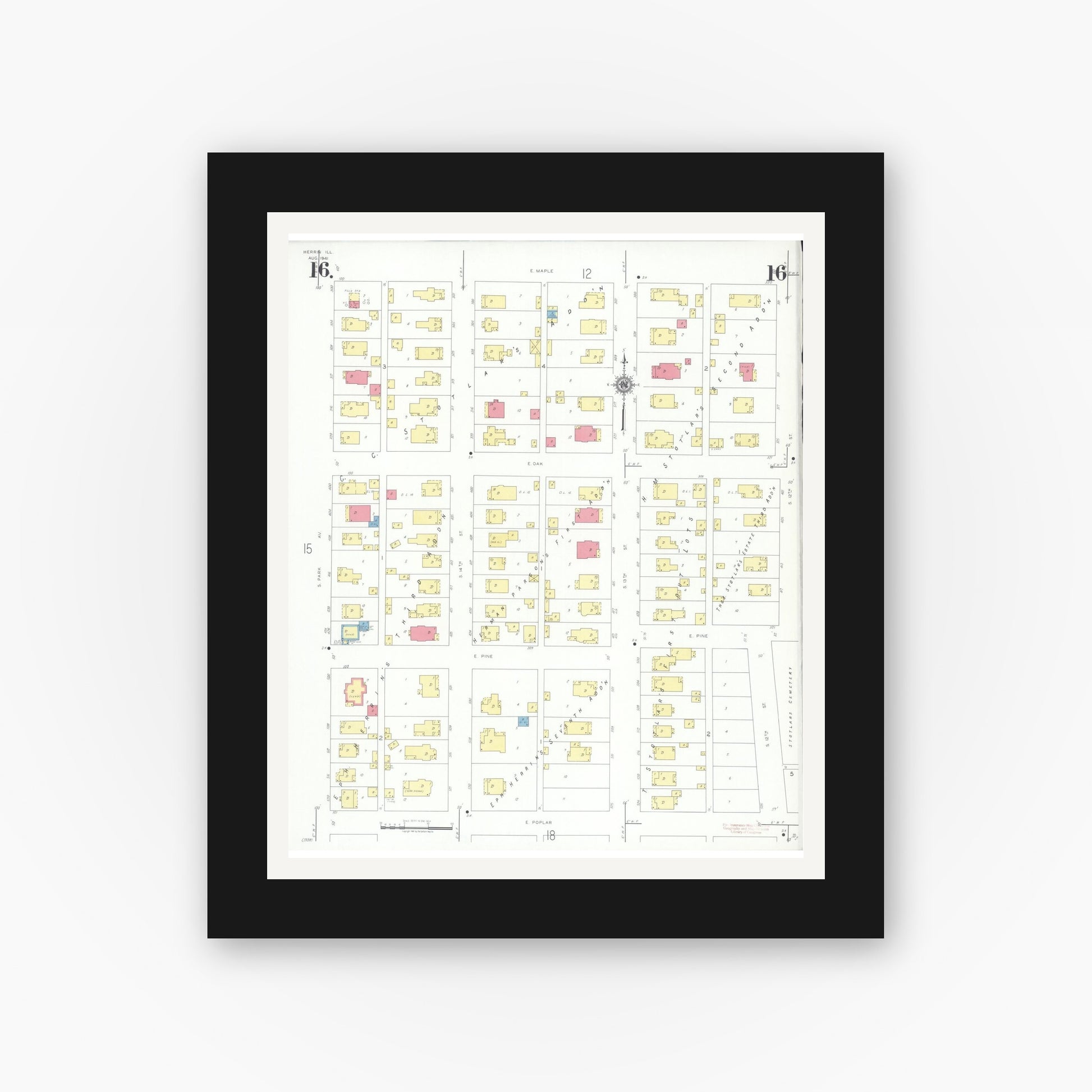 Old map wall art mockup — black gallery frame with white mat — Sanborn Fire Insurance Map from Herrin, Williamson County, Illinois (1941), Sheet #0016