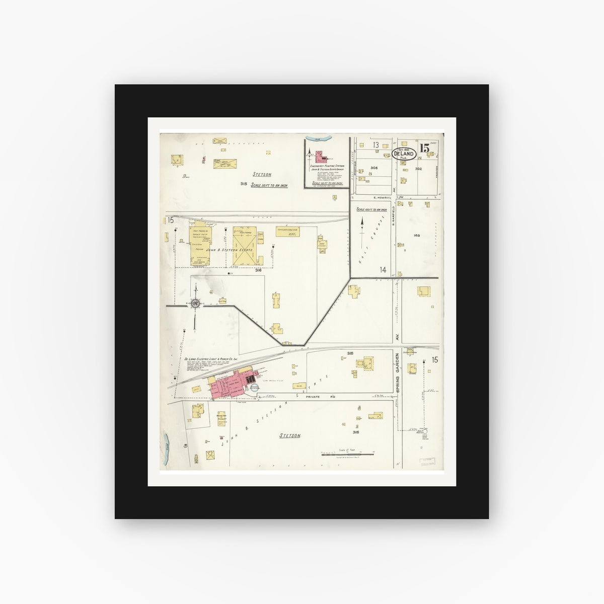 Old map wall art mockup — black gallery frame with white mat — Sanborn Fire Insurance Map from De Land, Volusia County, Florida (1921), Sheet #0015