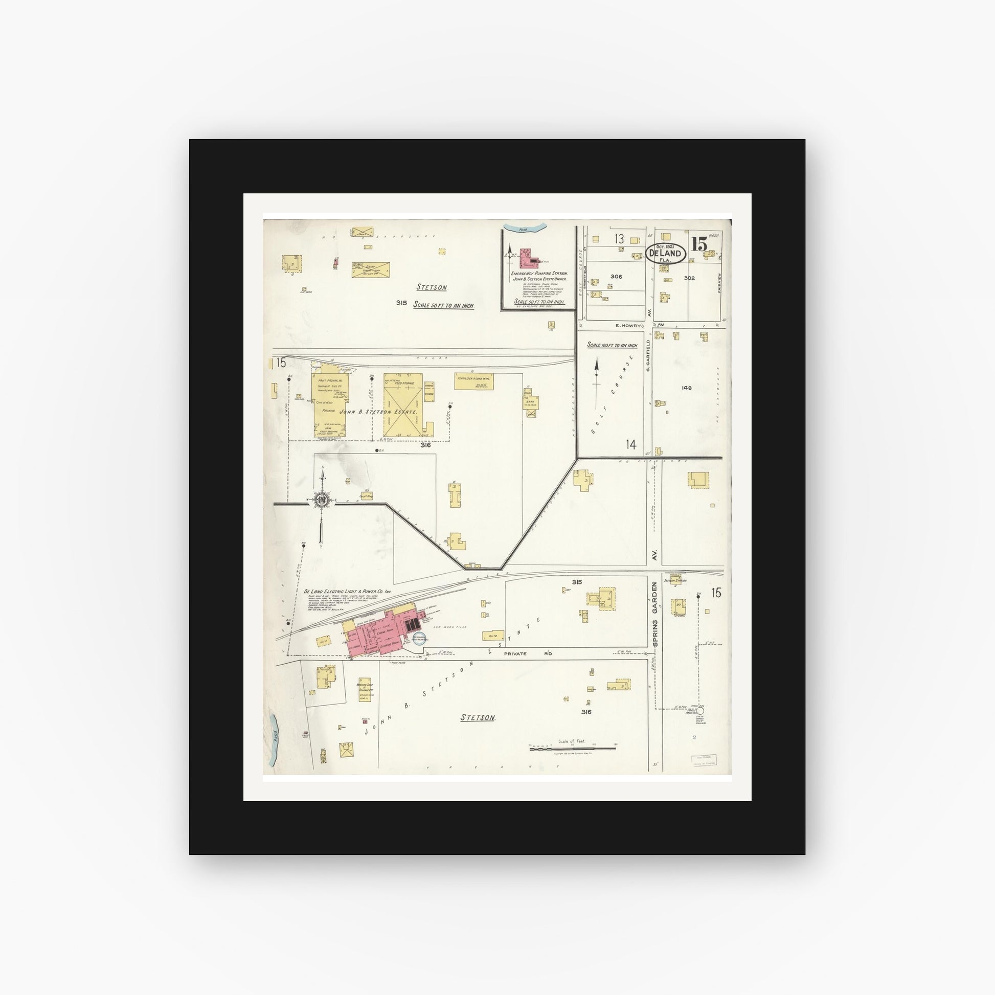 Old map wall art mockup — black gallery frame with white mat — Sanborn Fire Insurance Map from De Land, Volusia County, Florida (1921), Sheet #0015