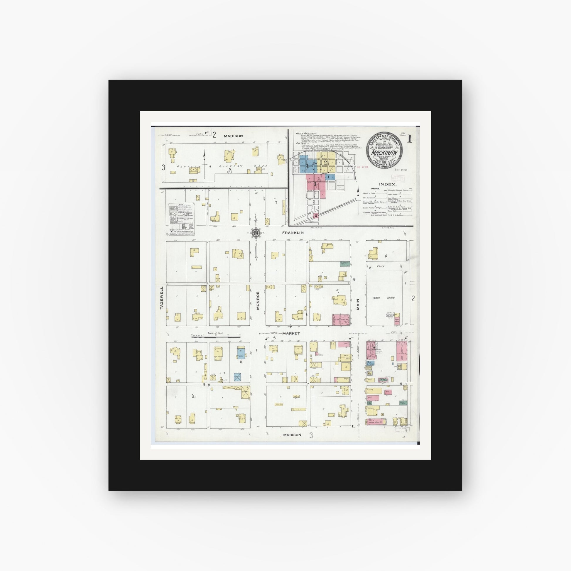 Old map wall art mockup — black gallery frame with white mat — Sanborn Fire Insurance Map from Mackinaw, Tazewell County, Illinois (1910), Sheet #0001