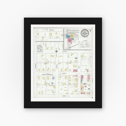 Old map wall art mockup — black gallery frame with white mat — Sanborn Fire Insurance Map from Mackinaw, Tazewell County, Illinois (1910), Sheet #0001