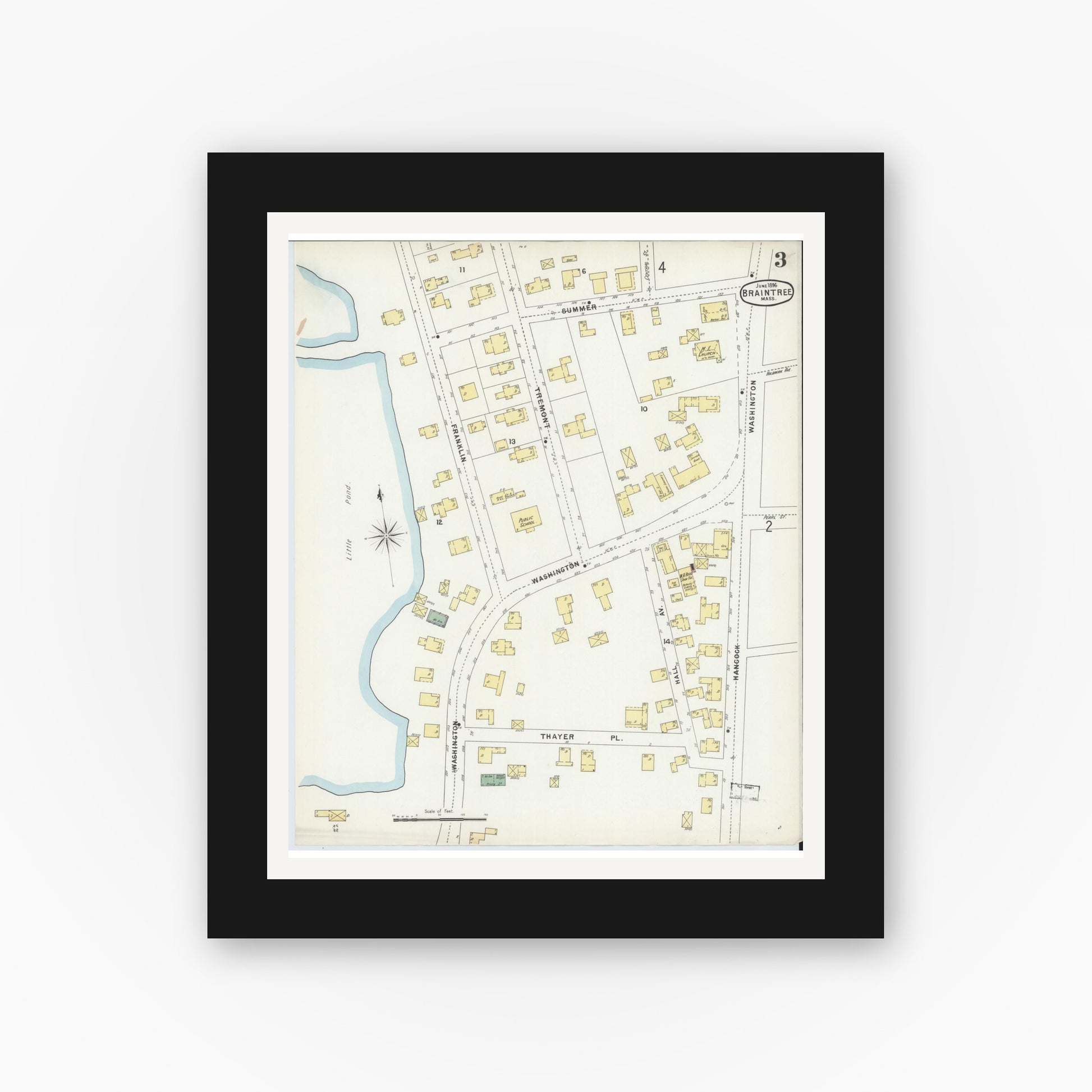 Old map wall art mockup — black gallery frame with white mat — Sanborn Fire Insurance Map from Braintree, Norfolk County, Massachusetts (1896), Sheet #0003