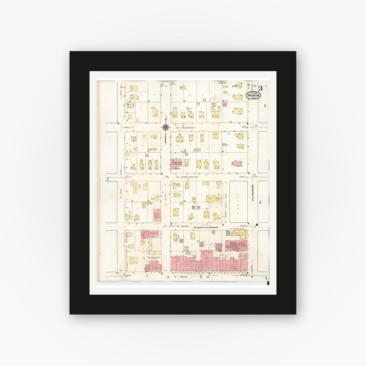 Old map wall art mockup — black gallery frame with white mat — Sanborn Fire Insurance Map from Waukon, Allamakee County, Iowa (1934), Sheet #0003
