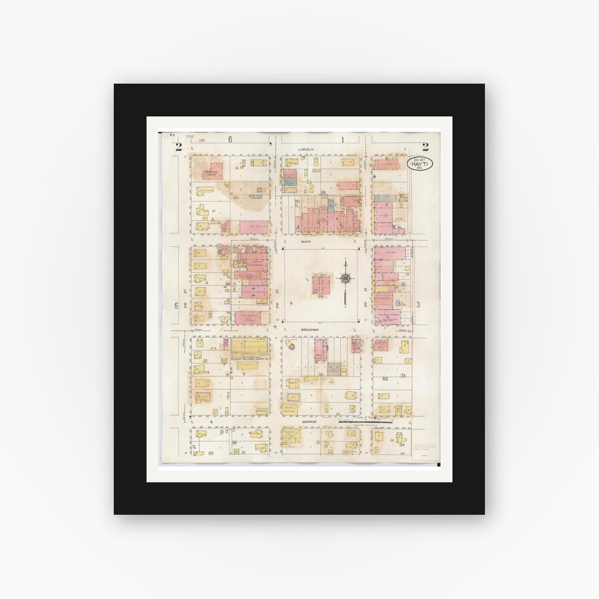 Old map wall art mockup — black gallery frame with white mat — Sanborn Fire Insurance Map from Hayti, Pemiscot County, Missouri (1944), Sheet #0002