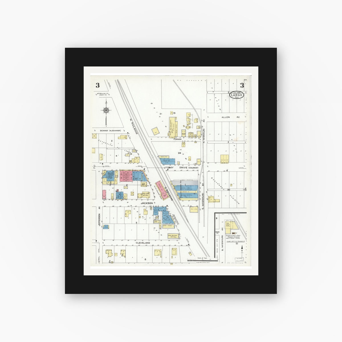 Old map wall art mockup — black gallery frame with white mat — Sanborn Fire Insurance Map from Largo, Pinellas County, Florida (1926), Sheet #0003