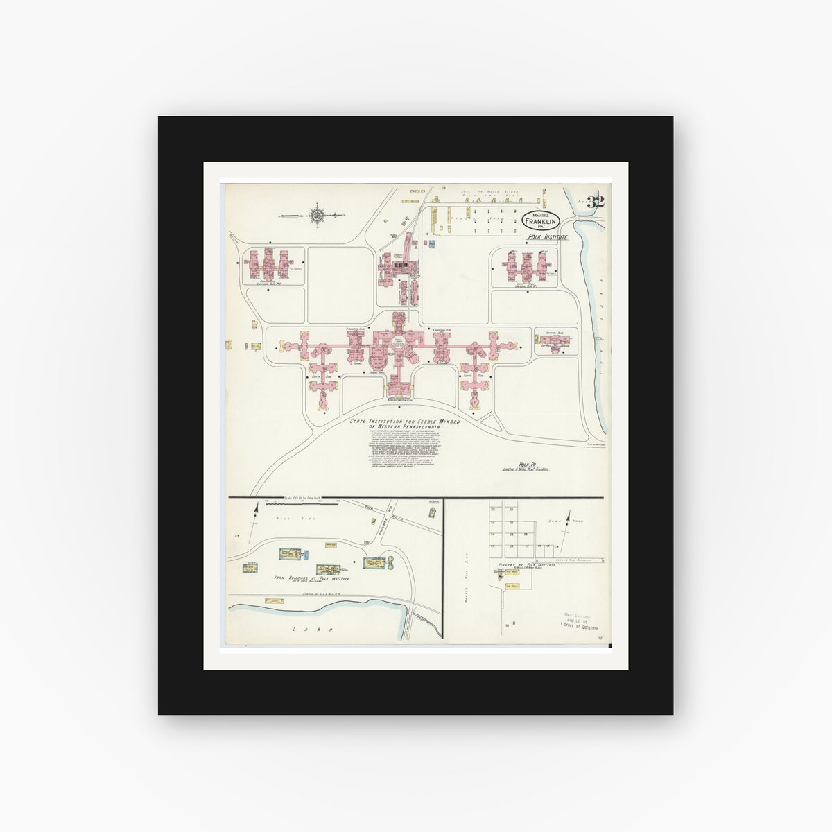 Old map wall art mockup — black gallery frame with white mat — Sanborn Fire Insurance Map from Franklin, Venango County, Pennsylvania (1912), Sheet #0032