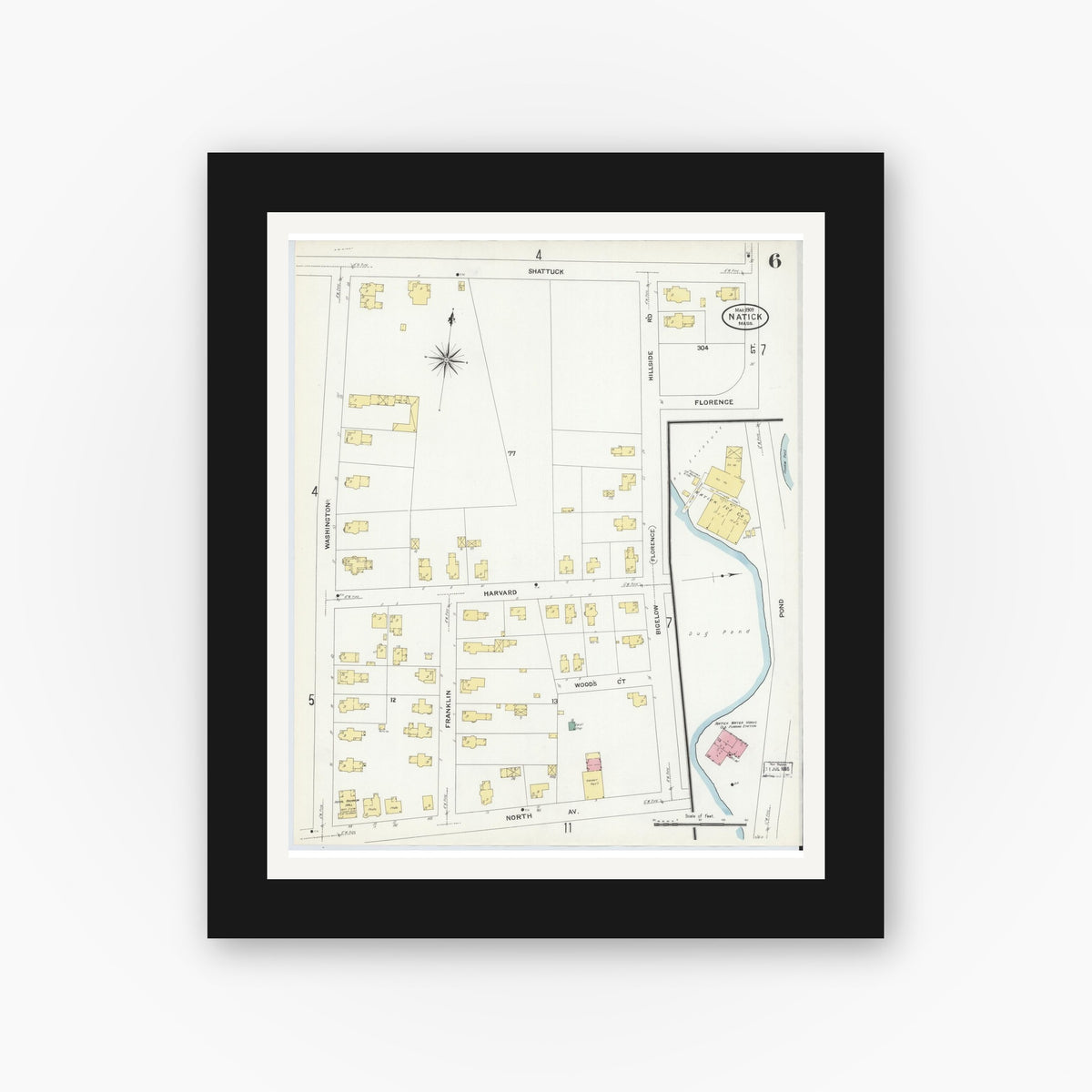 Old map wall art mockup — black gallery frame with white mat — Sanborn Fire Insurance Map from Natick, Middlesex County, Massachusetts (1909), Sheet #0006