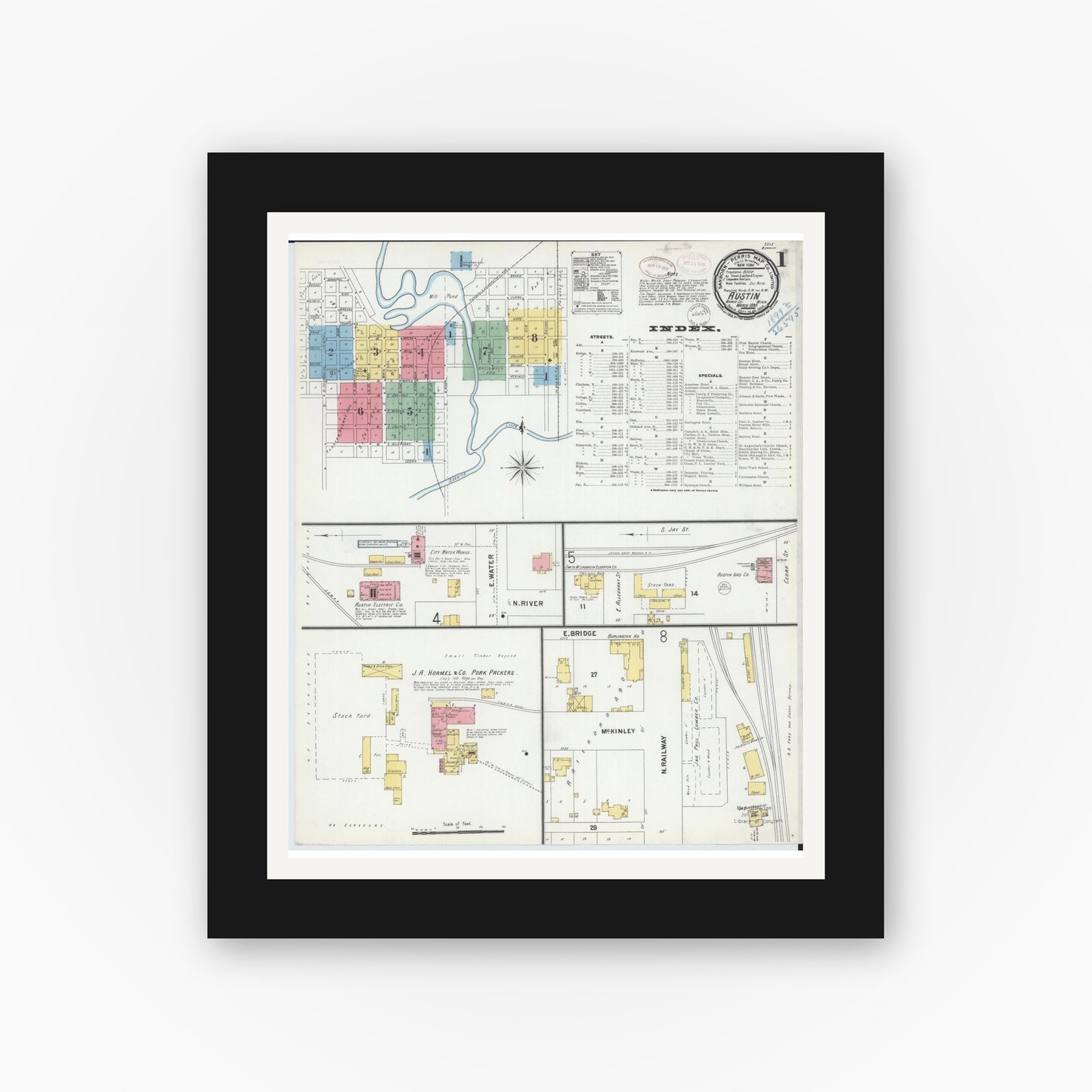 Old map wall art mockup — black gallery frame with white mat — Sanborn Fire Insurance Map from Austin, Mower County, Minnesota (1899), Sheet #0001
