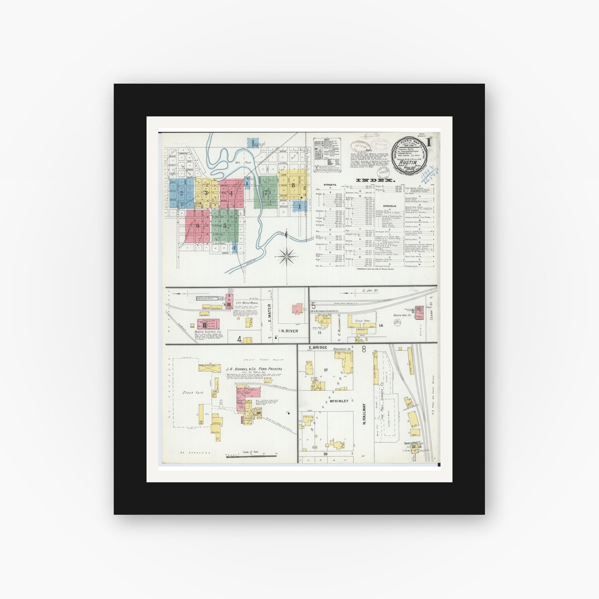 Old map wall art mockup — black gallery frame with white mat — Sanborn Fire Insurance Map from Austin, Mower County, Minnesota (1899), Sheet #0001