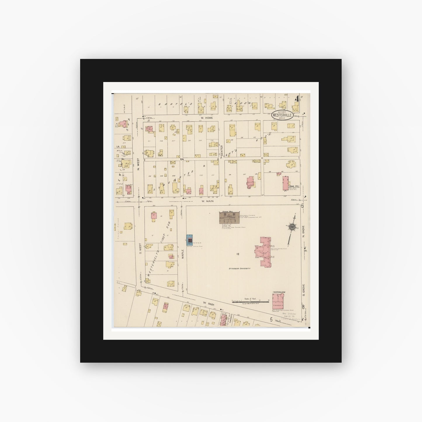 Old map wall art mockup — black gallery frame with white mat — Sanborn Fire Insurance Map from Westerville, Franklin County, Ohio (1922), Sheet #0004