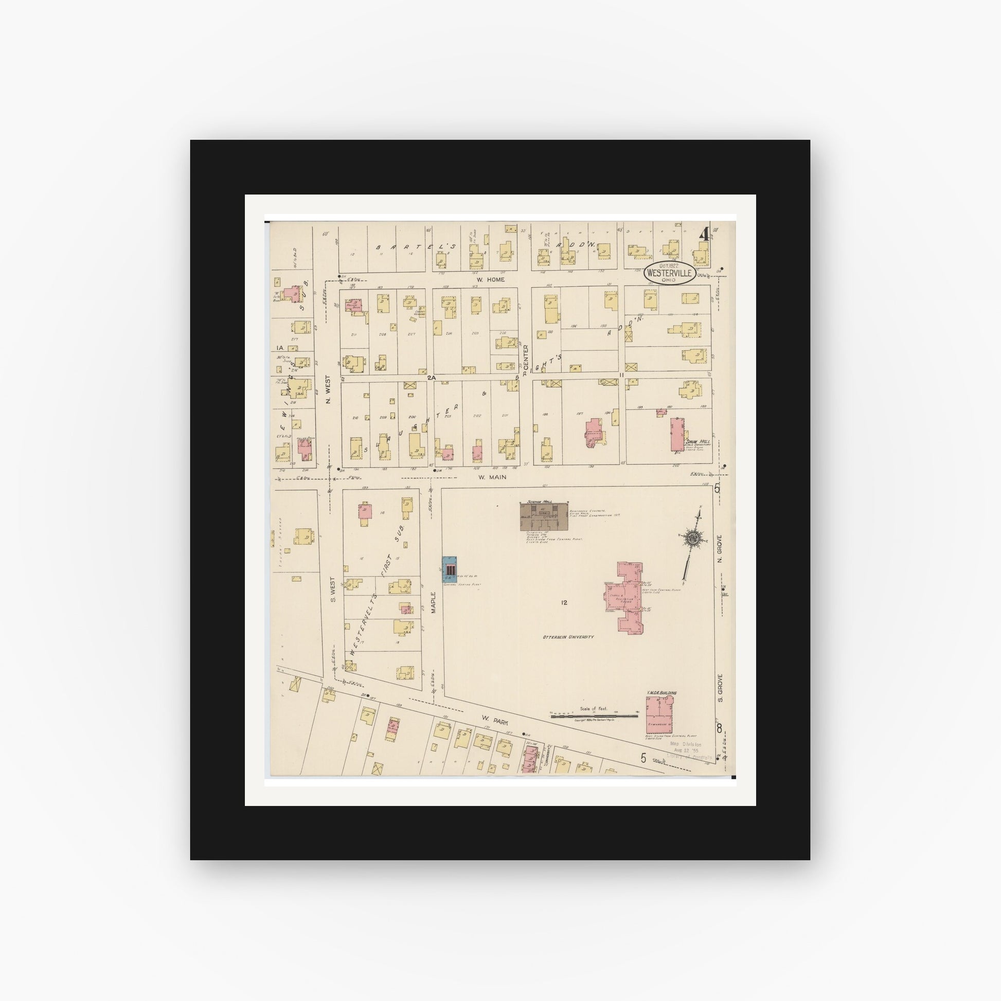Old map wall art mockup — black gallery frame with white mat — Sanborn Fire Insurance Map from Westerville, Franklin County, Ohio (1922), Sheet #0004