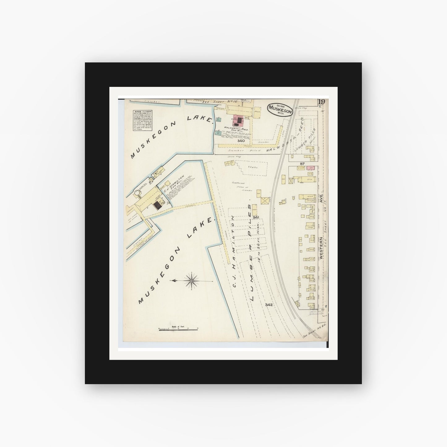 Old map wall art mockup — black gallery frame with white mat — Sanborn Fire Insurance Map from Muskegon, Muskegon County, Michigan (1883), Sheet #0019