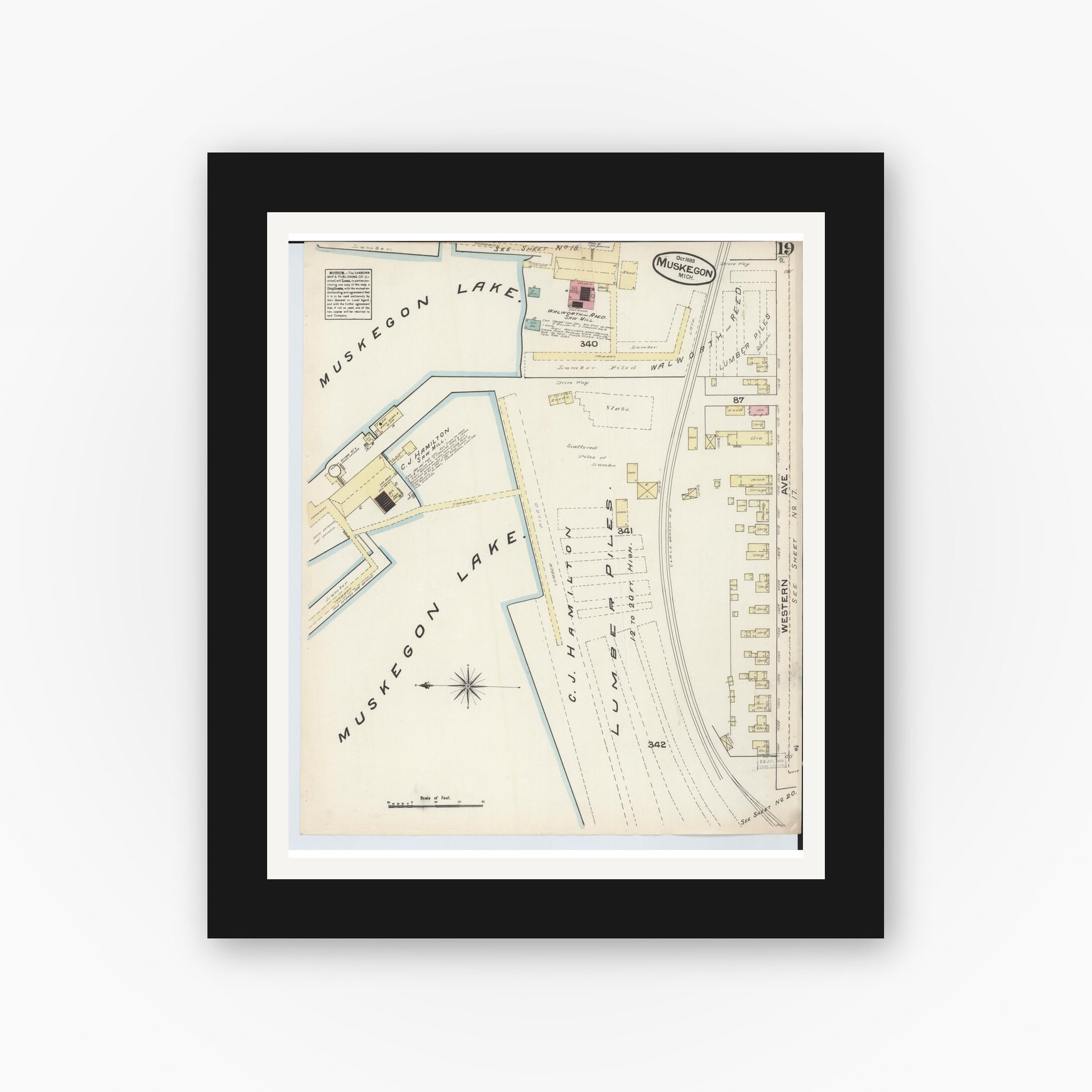Old map wall art mockup — black gallery frame with white mat — Sanborn Fire Insurance Map from Muskegon, Muskegon County, Michigan (1883), Sheet #0019