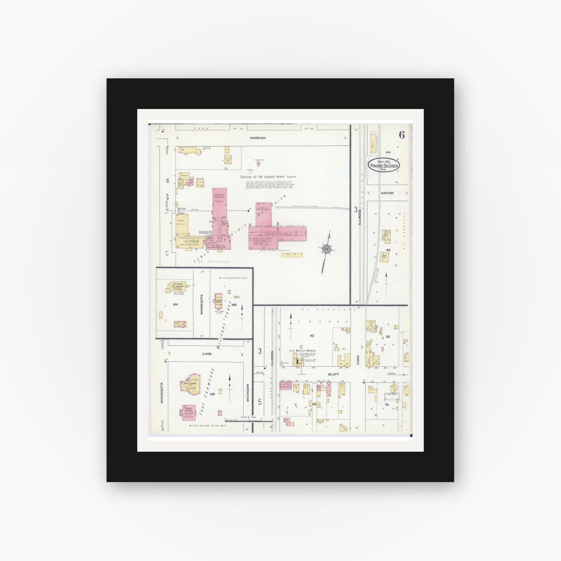 Old map wall art mockup — black gallery frame with white mat — Sanborn Fire Insurance Map from Prairie du Chien, Crawford County, Wisconsin (1912), Sheet #0006