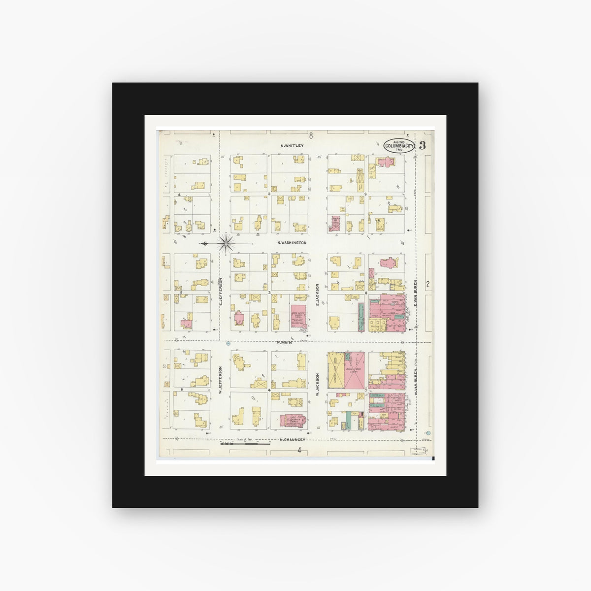 Old map wall art mockup — black gallery frame with white mat — Sanborn Fire Insurance Map from Columbia City, Whitley County, Indiana (1905), Sheet #0003