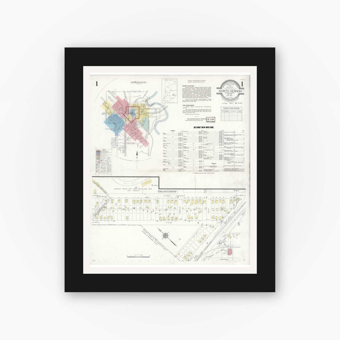 Old map wall art mockup — black gallery frame with white mat — Sanborn Fire Insurance Map from North Vernon, Jennings County, Indiana (1937) - Complete Map Set