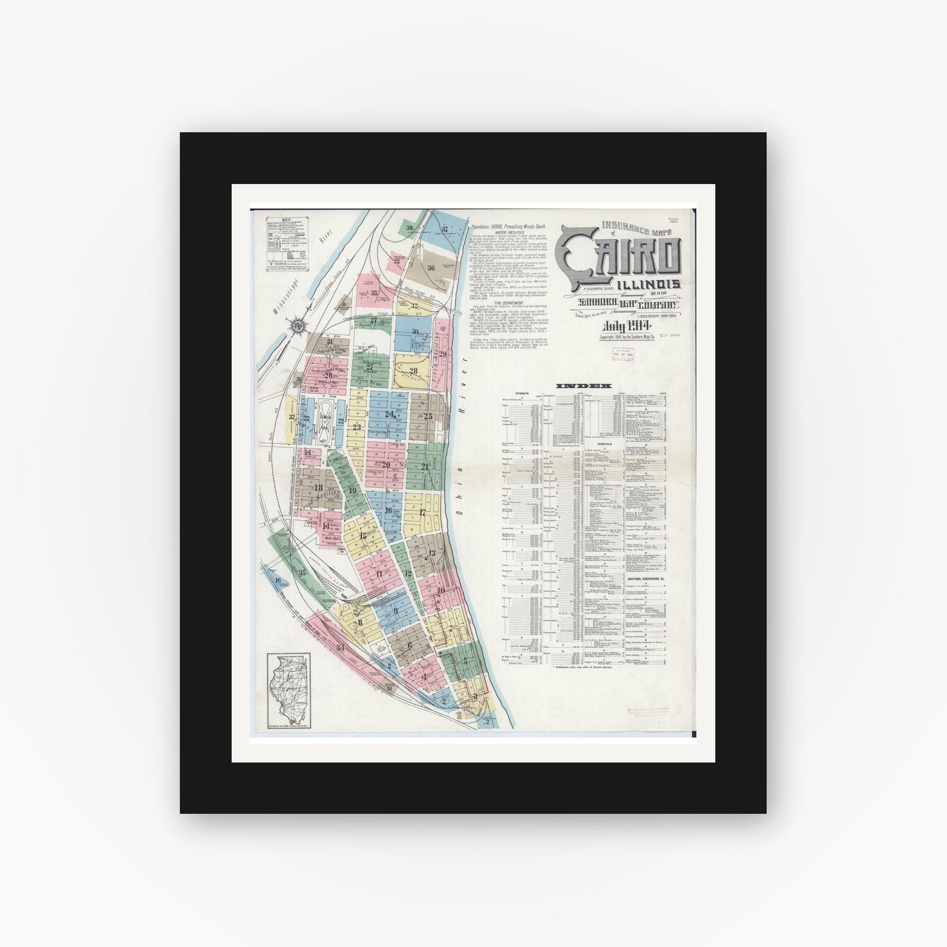 Old map wall art mockup — black gallery frame with white mat — Sanborn Fire Insurance Map from Cairo, Alexander County, Illinois (1914) - Complete Map Set