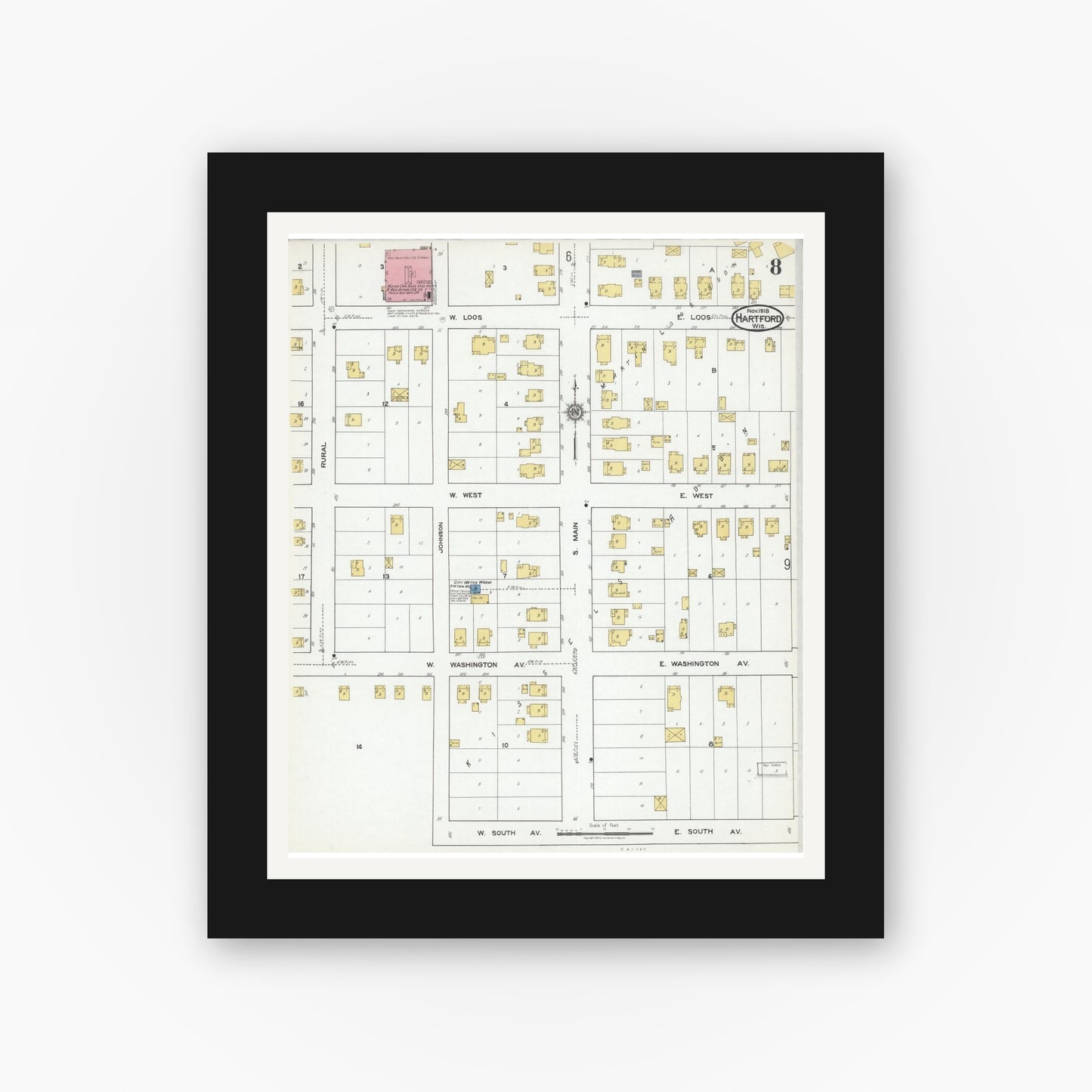 Old map wall art mockup — black gallery frame with white mat — Sanborn Fire Insurance Map from Hartford, Washington County, Wisconsin (1918), Sheet #0008
