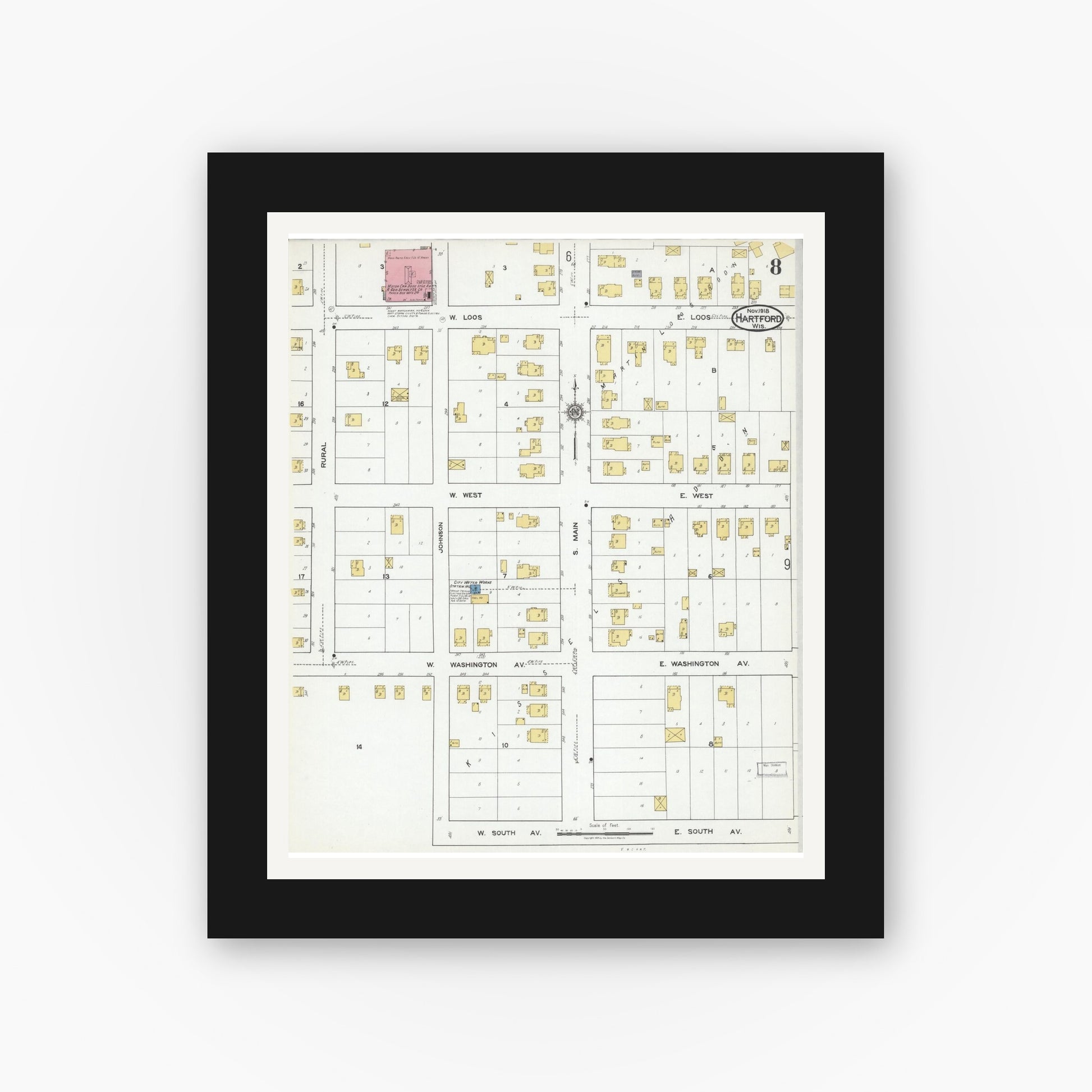 Old map wall art mockup — black gallery frame with white mat — Sanborn Fire Insurance Map from Hartford, Washington County, Wisconsin (1918), Sheet #0008