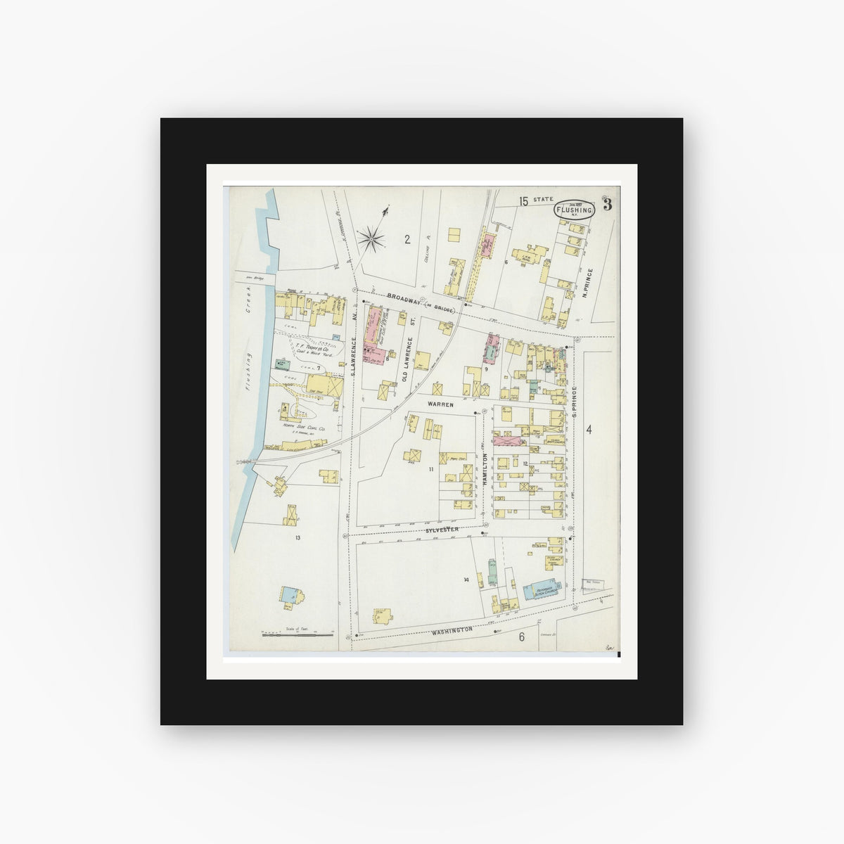 Old map wall art mockup — black gallery frame with white mat — Sanborn Fire Insurance Map from Flushing, Queens County, New York (1897), Sheet #0003