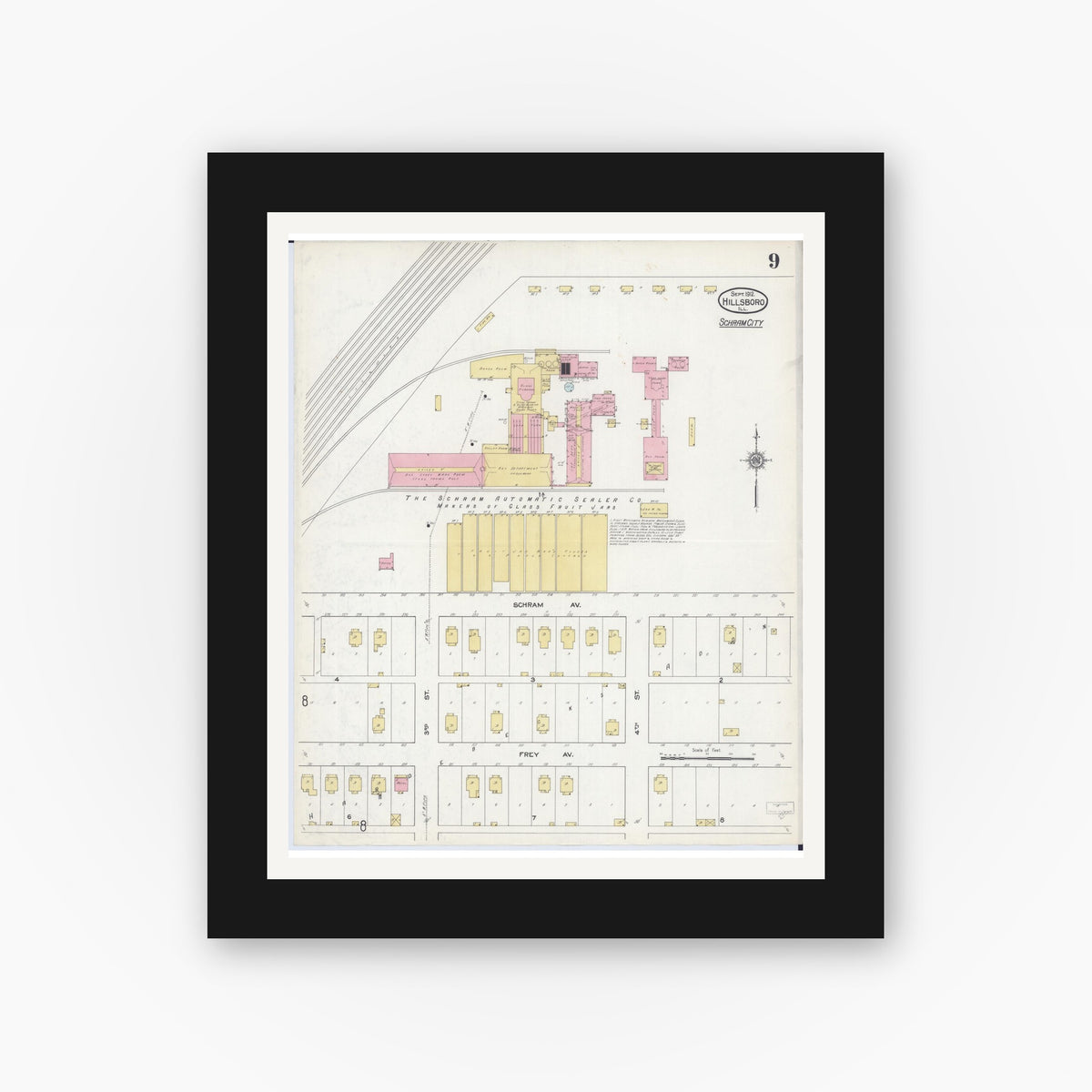 Old map wall art mockup — black gallery frame with white mat — Sanborn Fire Insurance Map from Hillsboro, Montgomery County, Illinois (1912), Sheet #0009