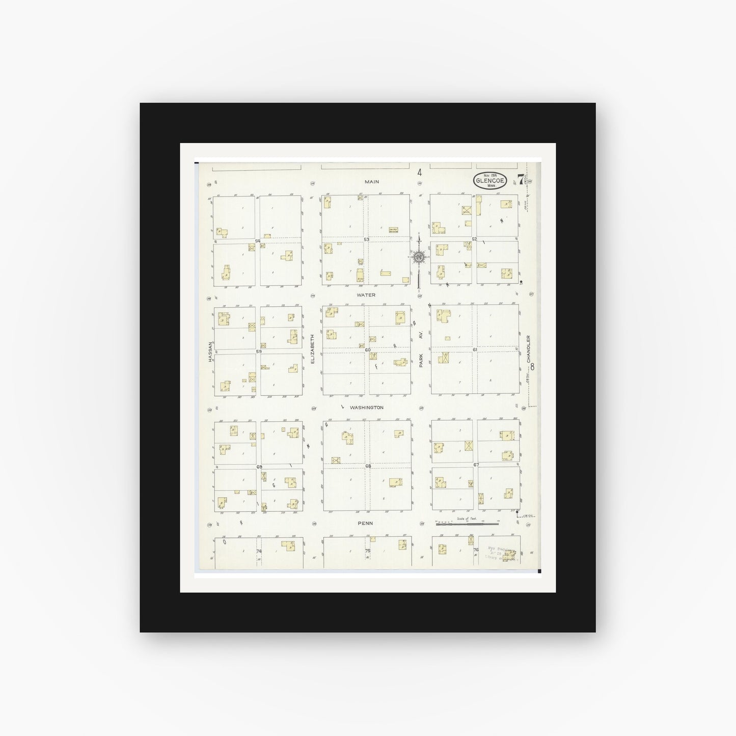 Old map wall art mockup — black gallery frame with white mat — Sanborn Fire Insurance Map from Glencoe, Mcleod County, Minnesota (1914), Sheet #0007