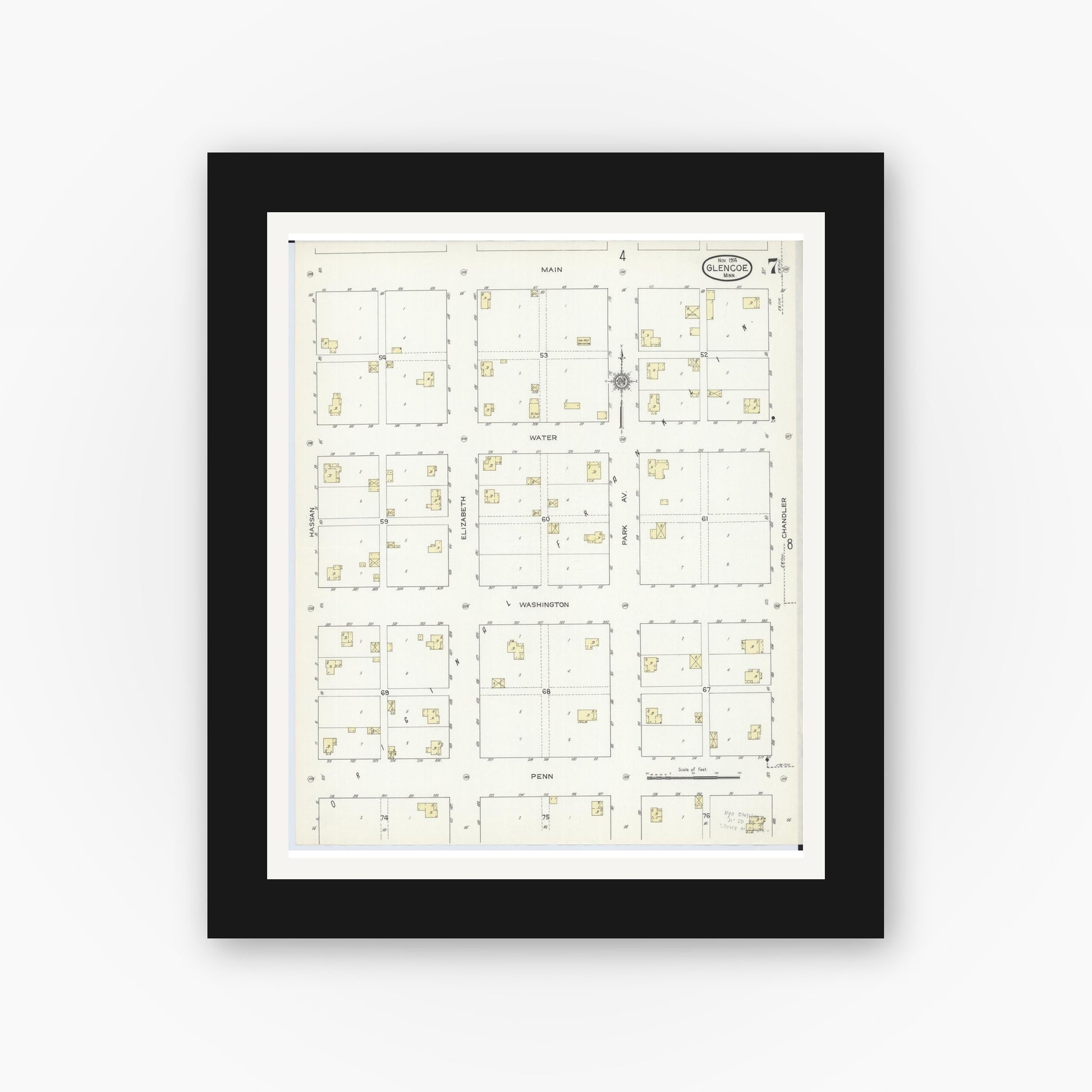 Old map wall art mockup — black gallery frame with white mat — Sanborn Fire Insurance Map from Glencoe, Mcleod County, Minnesota (1914), Sheet #0007