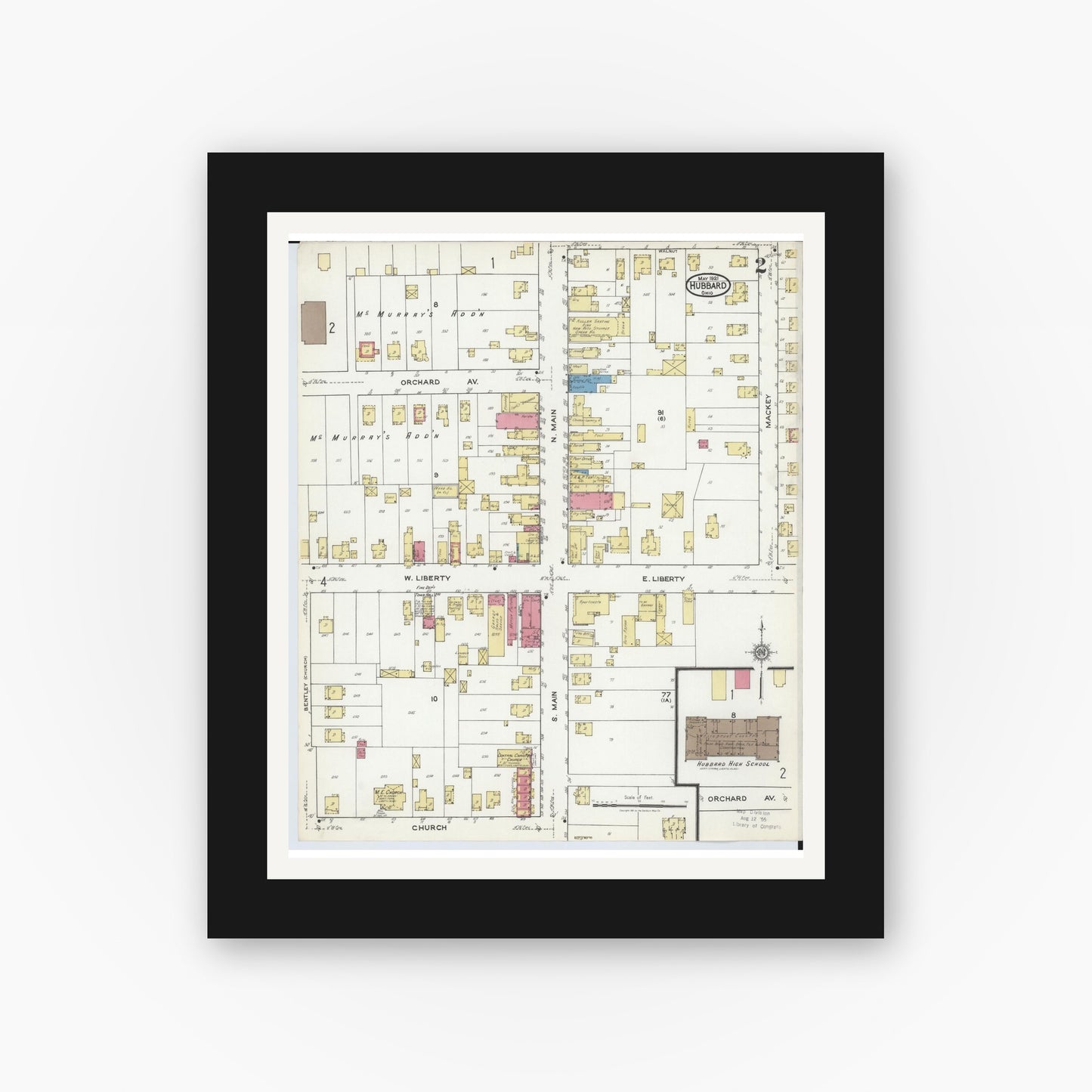 Old map wall art mockup — black gallery frame with white mat — Sanborn Fire Insurance Map from Hubbard, Trumbull County, Ohio (1921), Sheet #0002